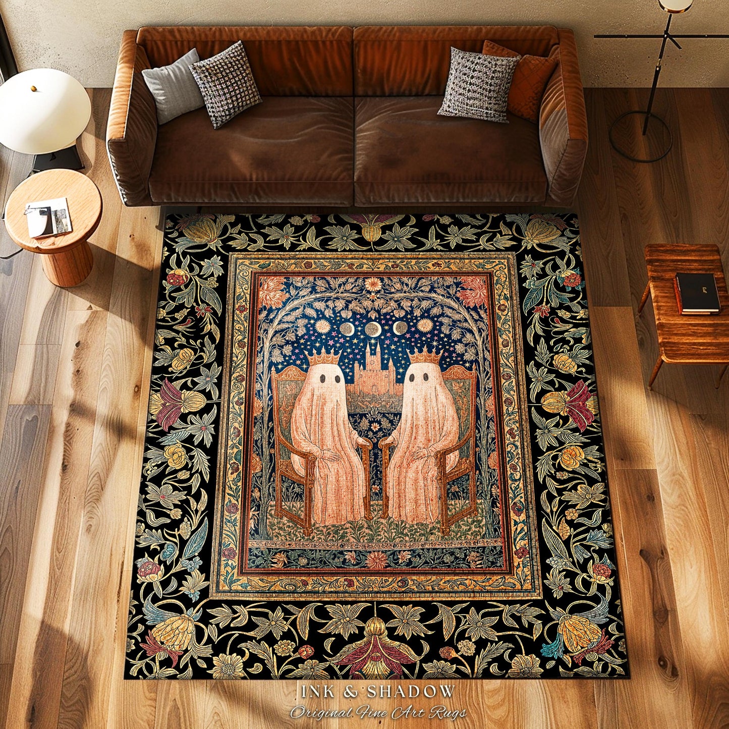Gothic Celestial Ghost Couple Area Rug | Gothic Decor Dark Academia Style Spooky Cute Haunted Botanical Aesthetic Whimsigoth Witchy Bedroom