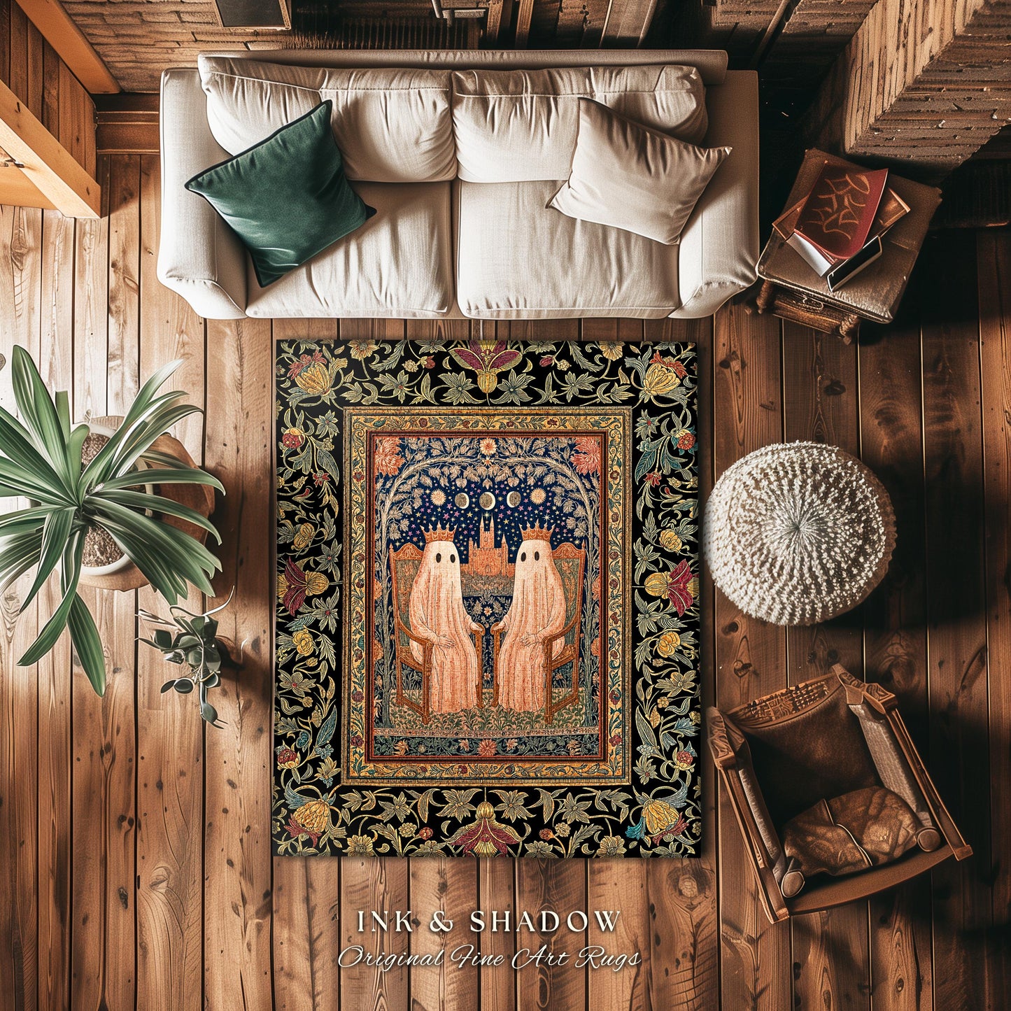 Gothic Celestial Ghost Couple Area Rug | Gothic Decor Dark Academia Style Spooky Cute Haunted Botanical Aesthetic Whimsigoth Witchy Bedroom