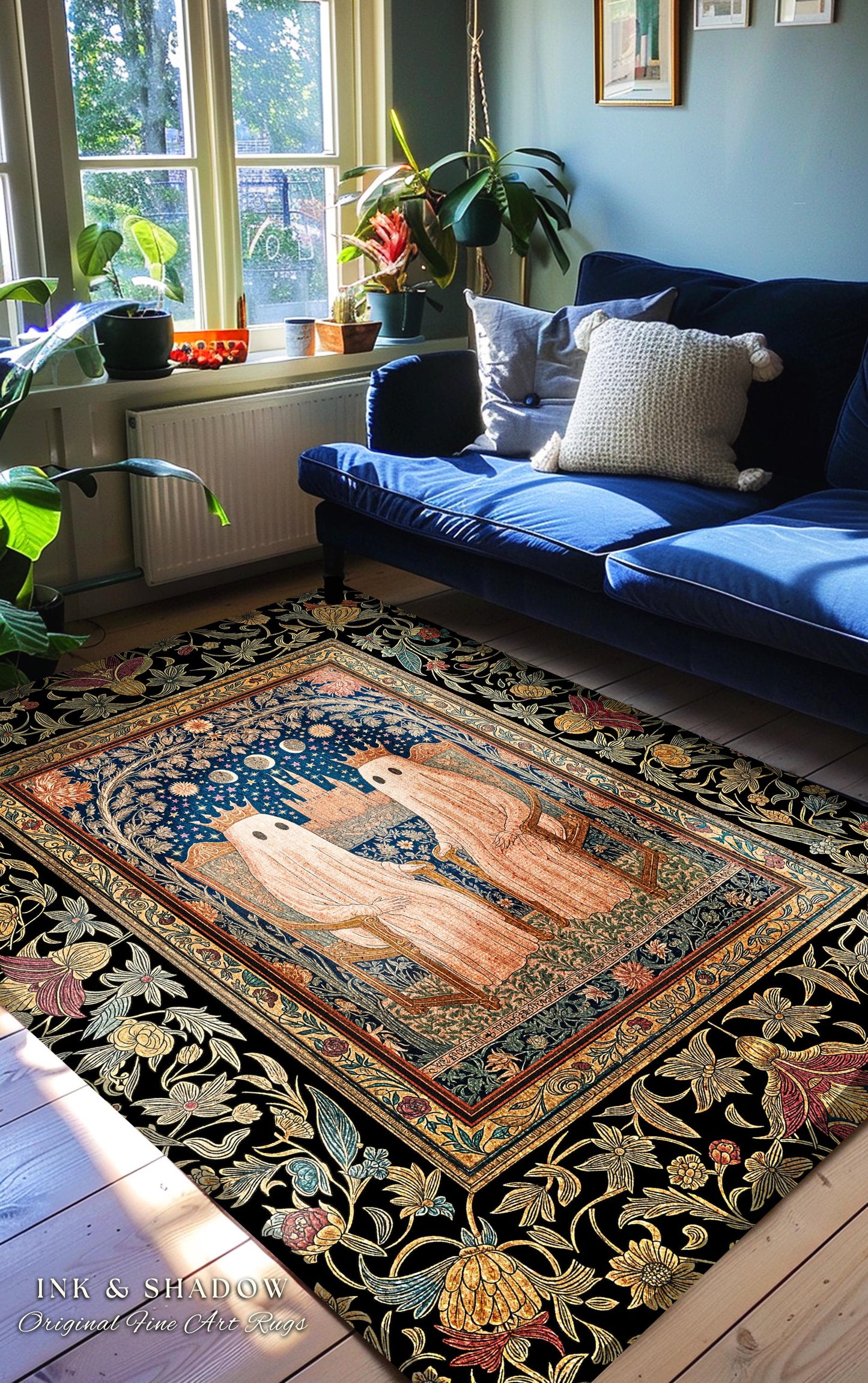 Gothic Celestial Ghost Couple Area Rug | Gothic Decor Dark Academia Style Spooky Cute Haunted Botanical Aesthetic Whimsigoth Witchy Bedroom