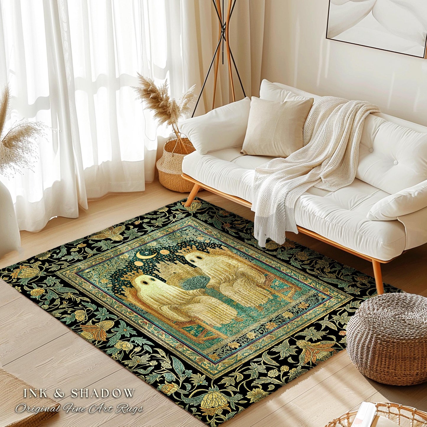 Haunted Royal Spirits Area Rug | Cozy Gothic Ghost Accent Dark Academia Theme Whimsigothic Celestial Sage Green Halloween Decor Spooky Motif