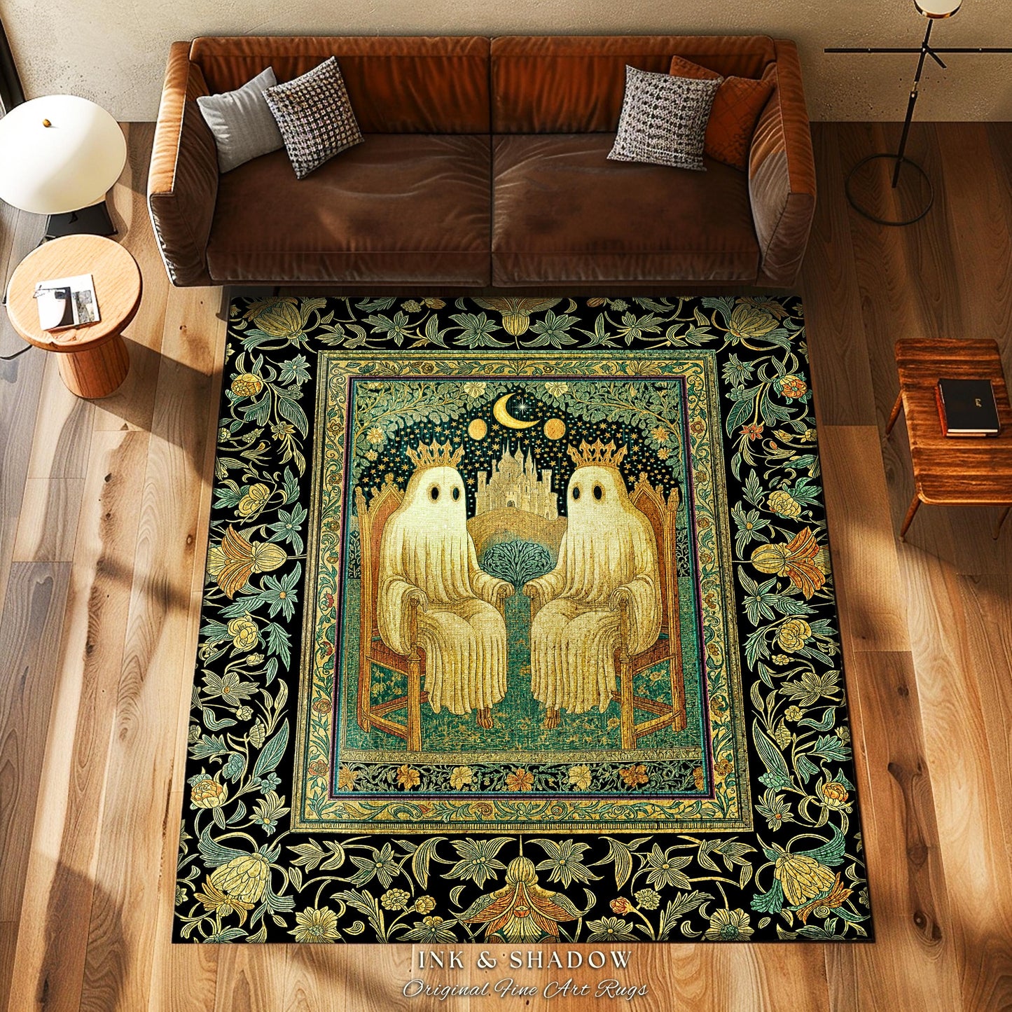 Haunted Royal Spirits Area Rug | Cozy Gothic Ghost Accent Dark Academia Theme Whimsigothic Celestial Sage Green Halloween Decor Spooky Motif