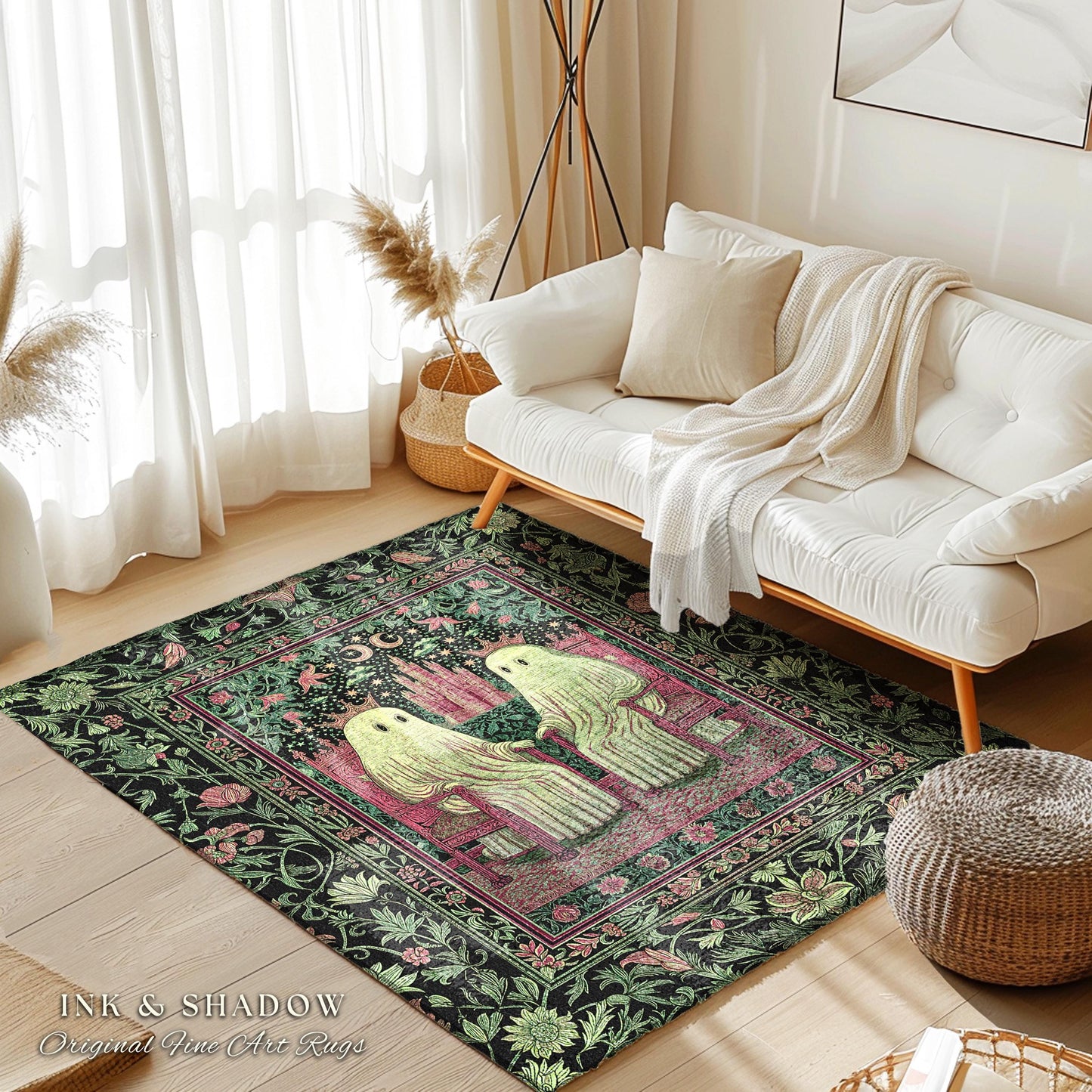 King and Queen Ghost Couple Area Rug | Cozy Gothic Bedroom Accent Halloween Decor Botanical Theme Dark Academia Spooky Whimsigothic Style |