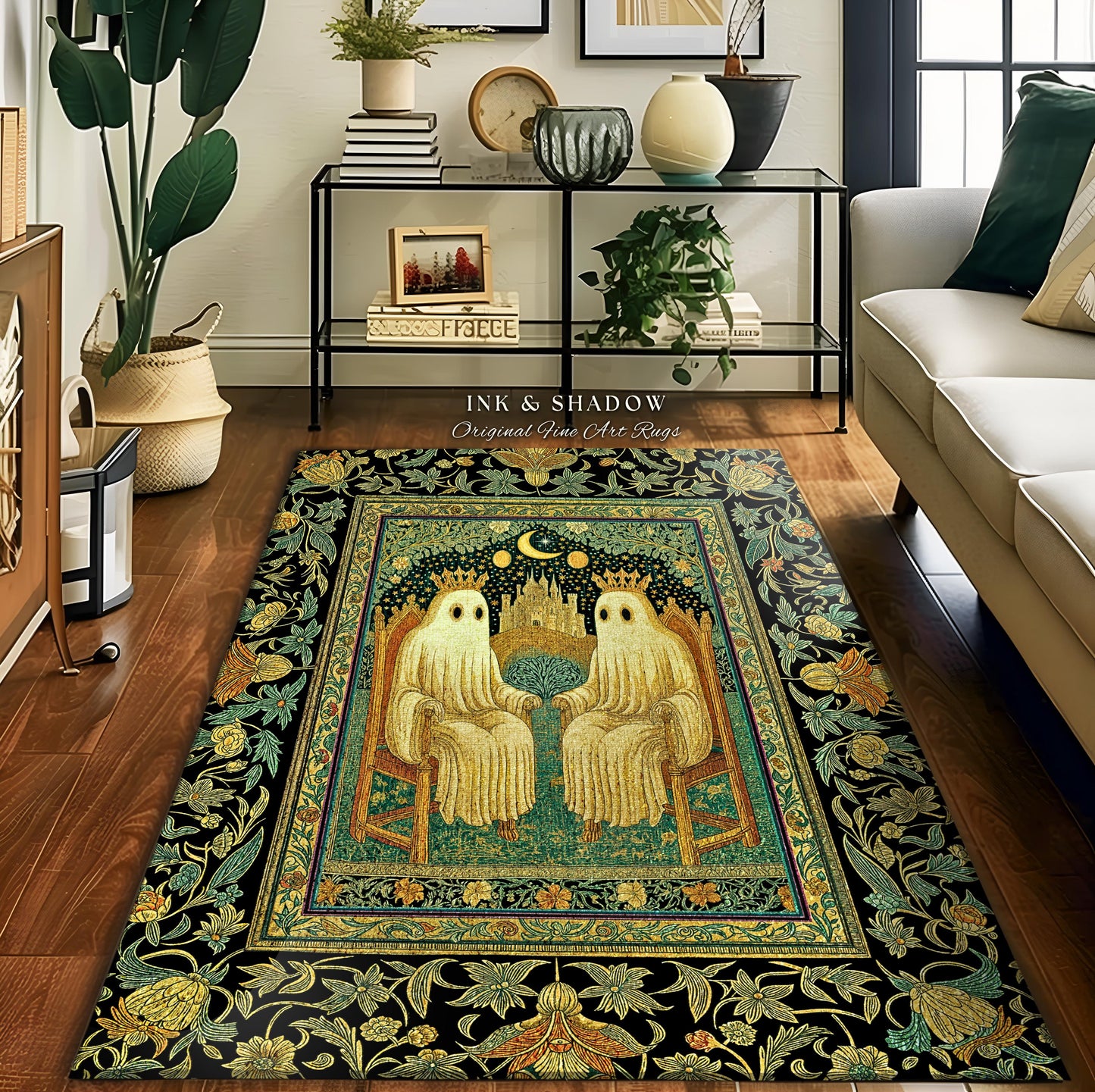 Haunted Royal Spirits Area Rug | Cozy Gothic Ghost Accent Dark Academia Theme Whimsigothic Celestial Sage Green Halloween Decor Spooky Motif