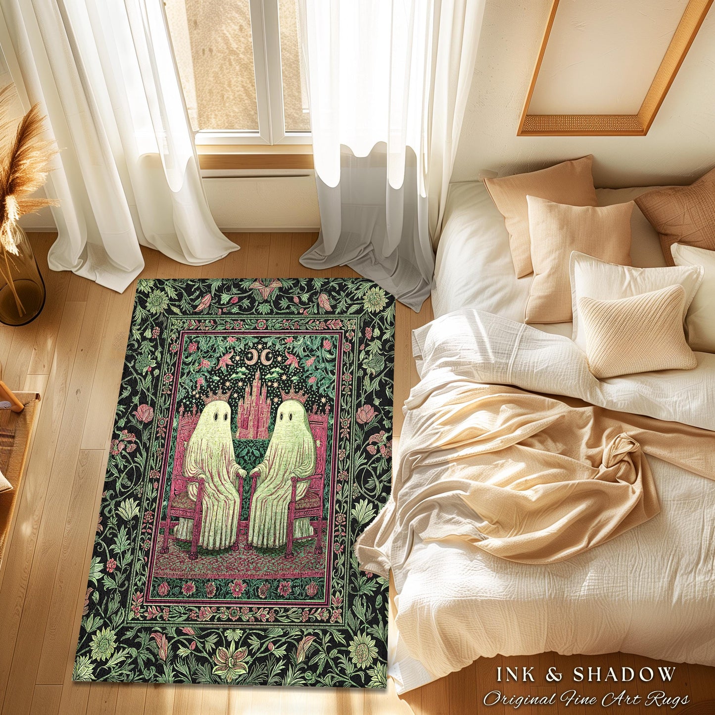 King and Queen Ghost Couple Area Rug | Cozy Gothic Bedroom Accent Halloween Decor Botanical Theme Dark Academia Spooky Whimsigothic Style |