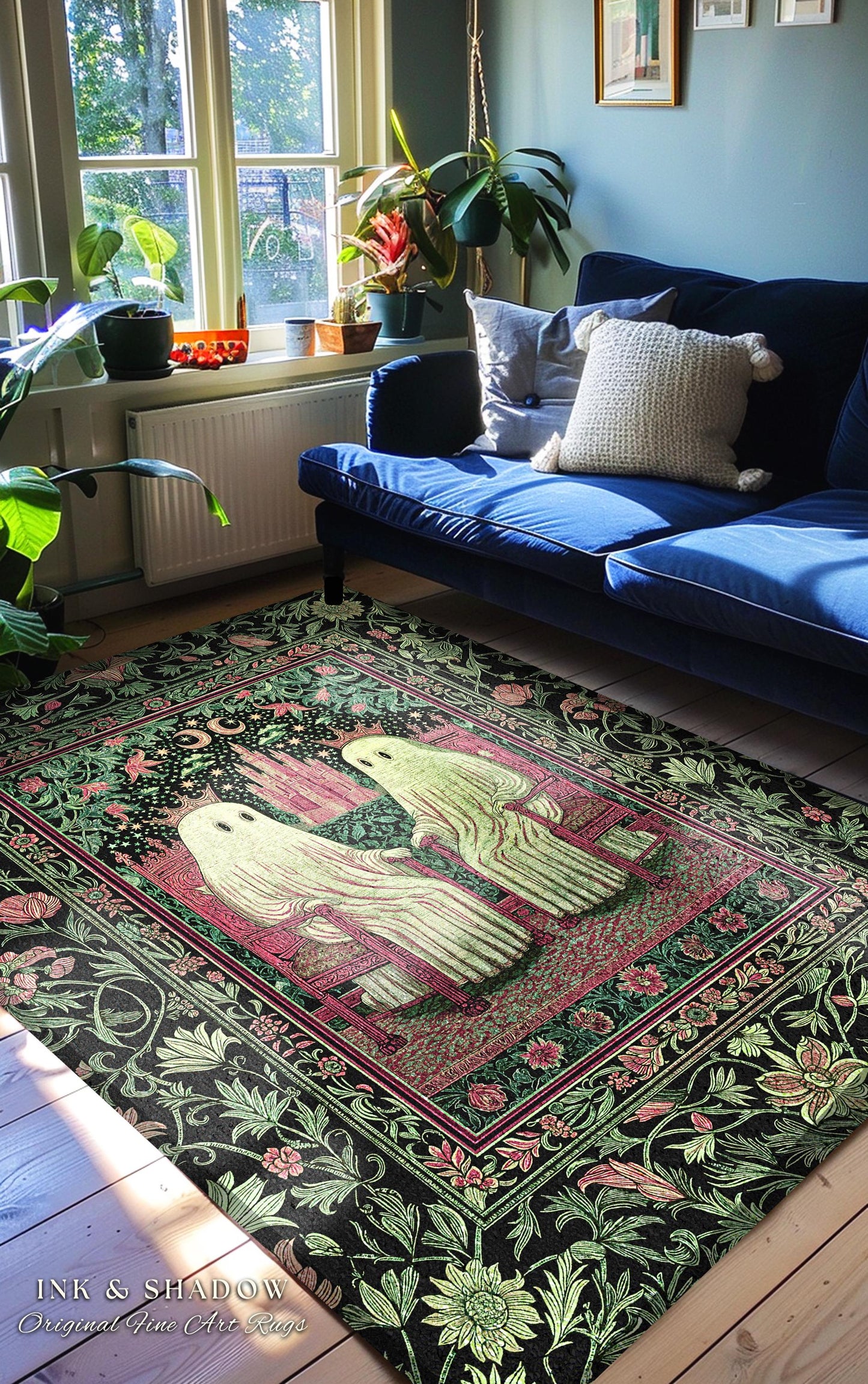 King and Queen Ghost Couple Area Rug | Cozy Gothic Bedroom Accent Halloween Decor Botanical Theme Dark Academia Spooky Whimsigothic Style |