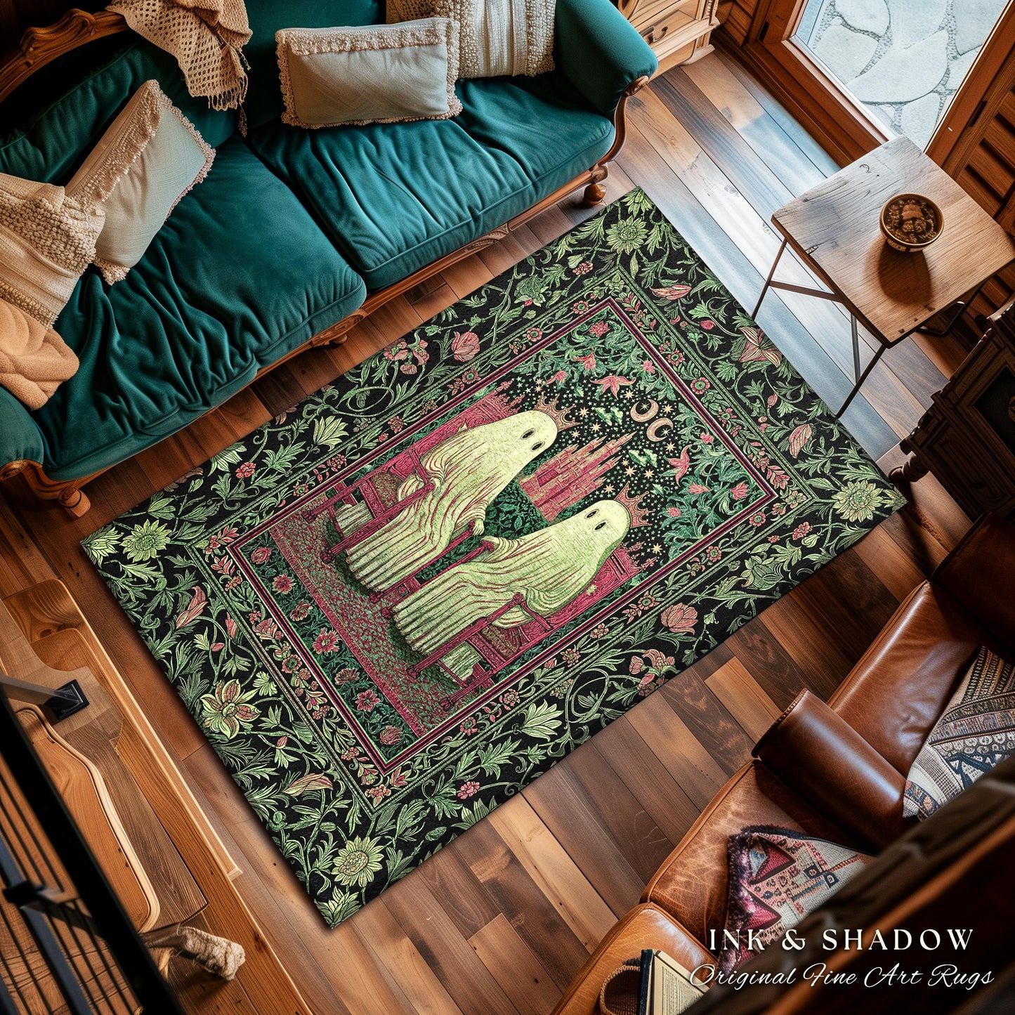 King and Queen Ghost Couple Area Rug | Cozy Gothic Bedroom Accent Halloween Decor Botanical Theme Dark Academia Spooky Whimsigothic Style |