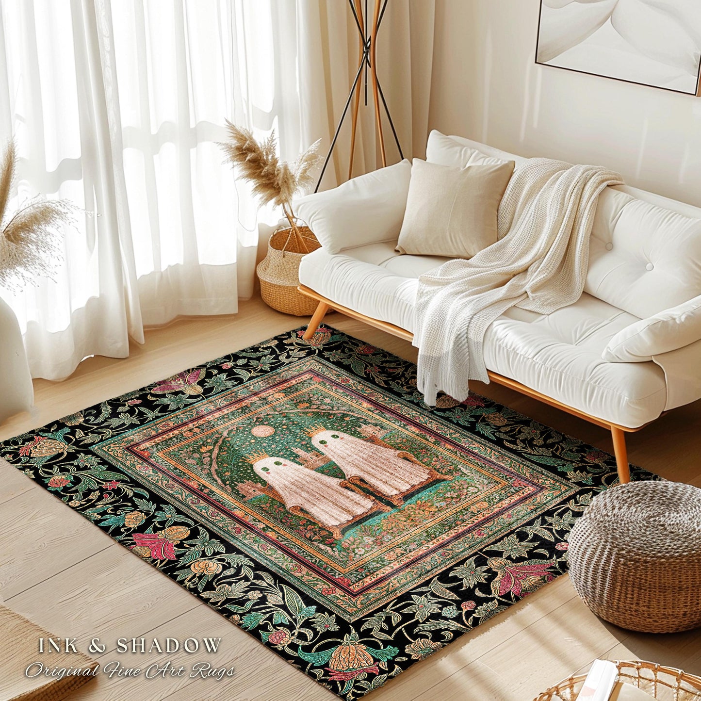 Ghostly Boho Couple Area Rug | Cozy Gothic Decor Haunted Forest Aesthetic Halloween Accent Witchy Style Dark Academia Bedroom Whimsigothic |