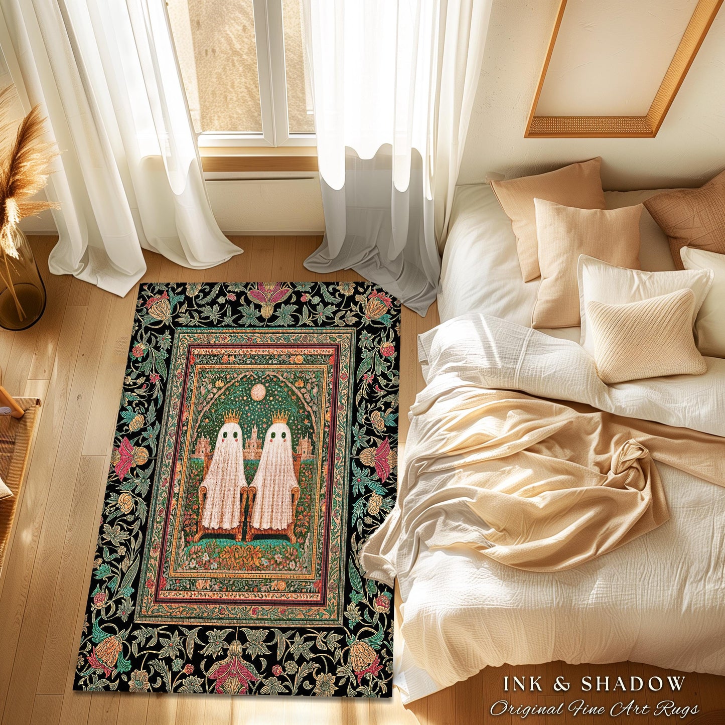 Ghostly Boho Couple Area Rug | Cozy Gothic Decor Haunted Forest Aesthetic Halloween Accent Witchy Style Dark Academia Bedroom Whimsigothic |