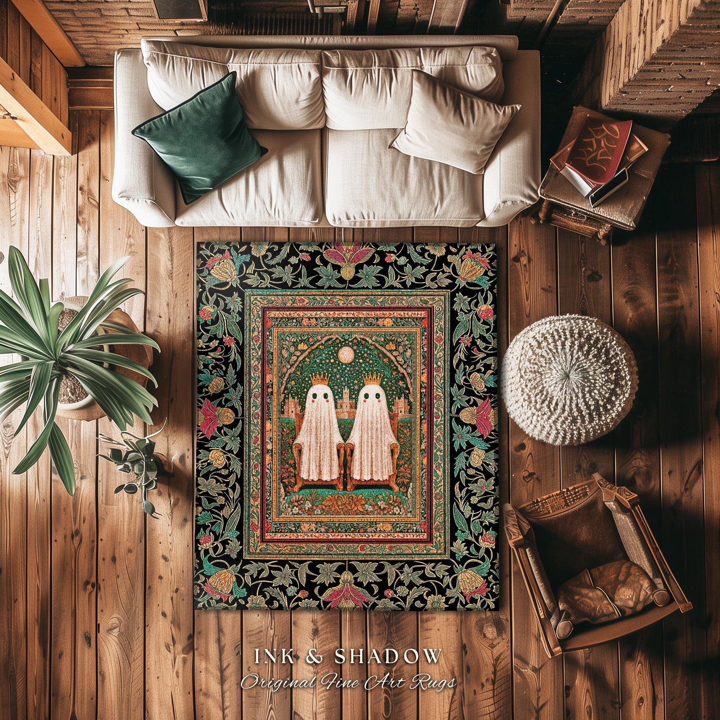 Ghostly Boho Couple Area Rug | Cozy Gothic Decor Haunted Forest Aesthetic Halloween Accent Witchy Style Dark Academia Bedroom Whimsigothic |