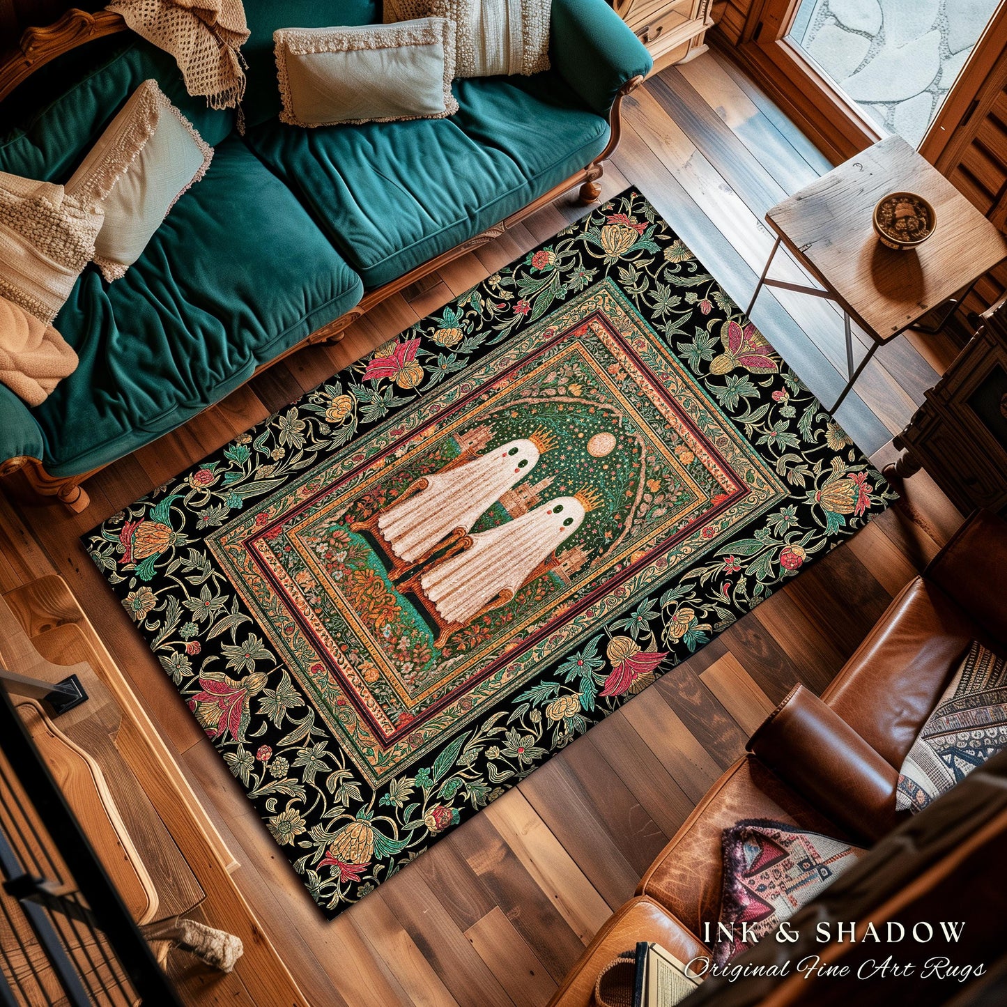 Ghostly Boho Couple Area Rug | Cozy Gothic Decor Haunted Forest Aesthetic Halloween Accent Witchy Style Dark Academia Bedroom Whimsigothic |