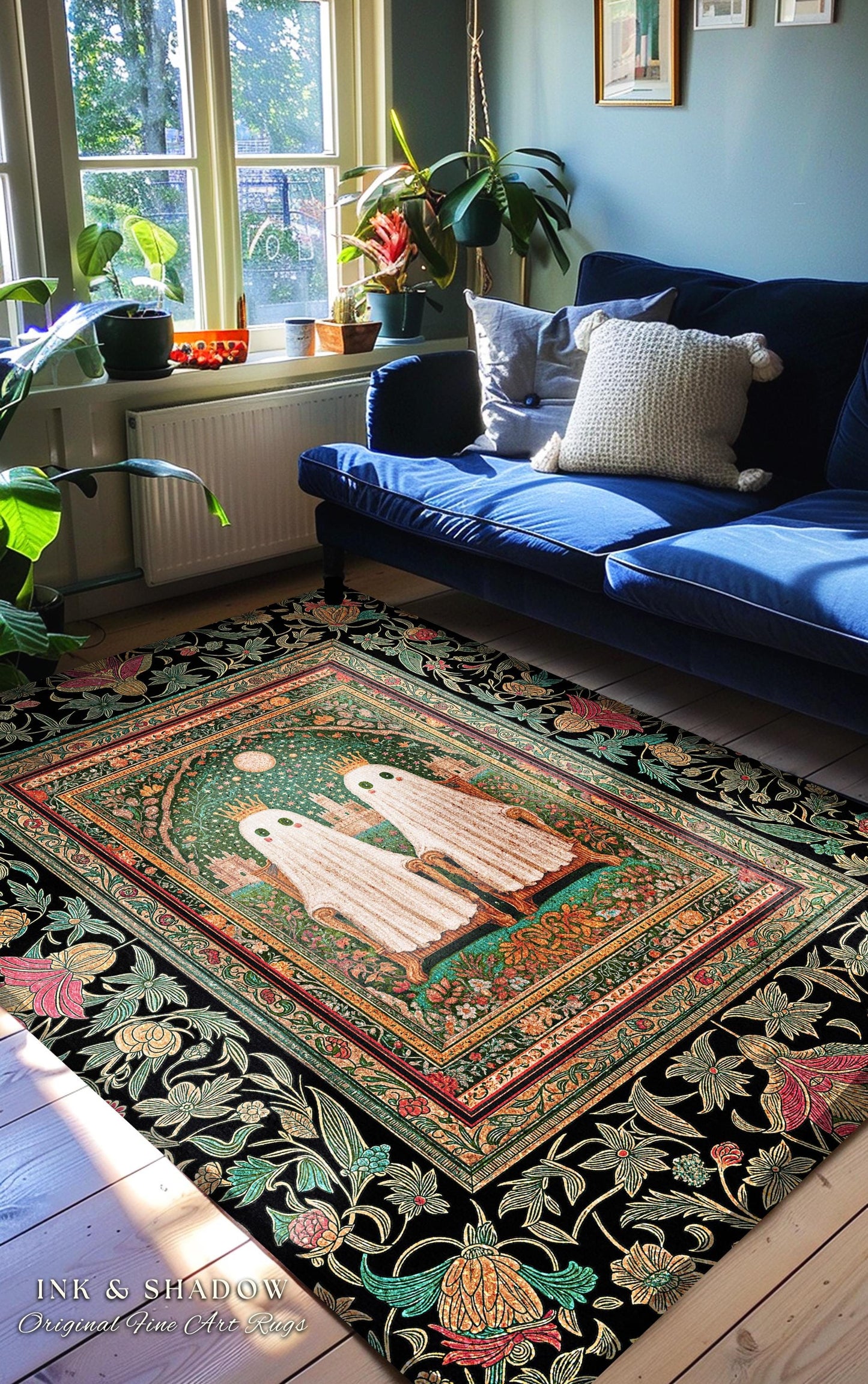 Ghostly Boho Couple Area Rug | Cozy Gothic Decor Haunted Forest Aesthetic Halloween Accent Witchy Style Dark Academia Bedroom Whimsigothic |