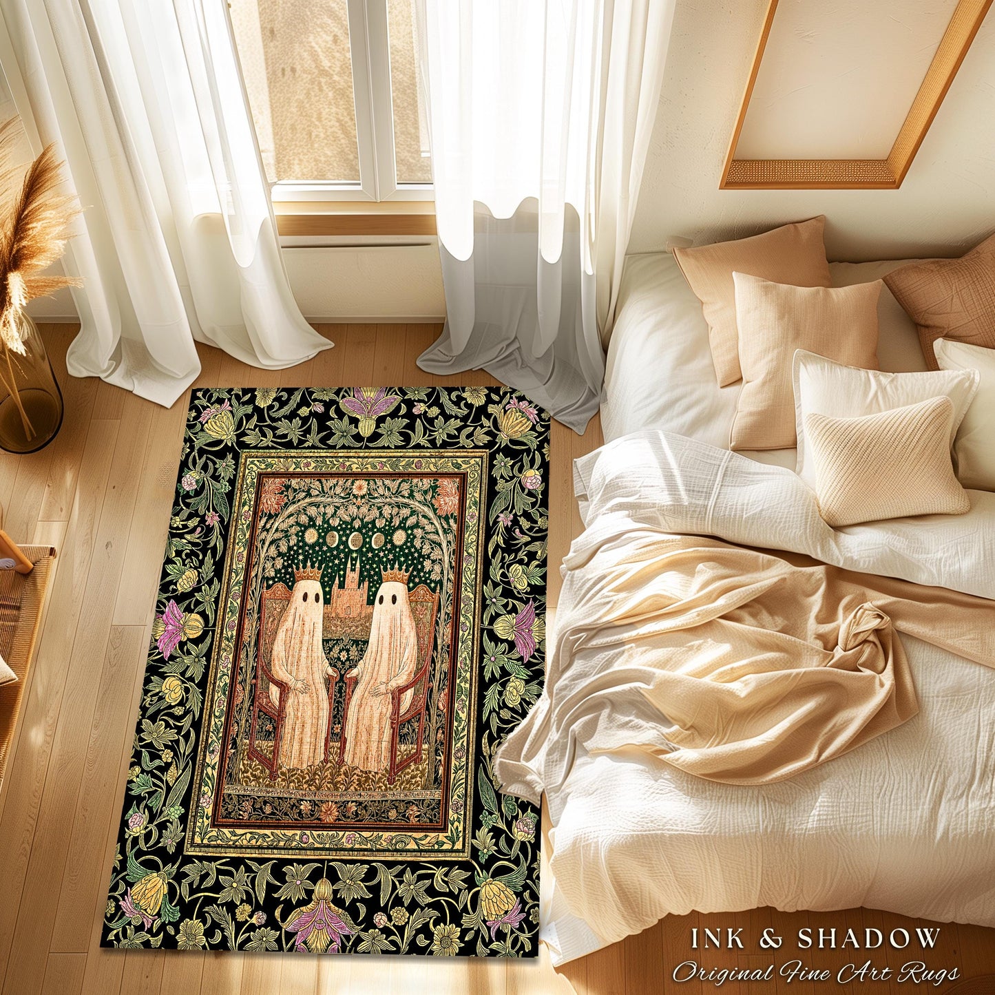 Royal Moonlit Ghost Lovers Rug | Cozy Gothic Bedroom Whimsigoth Style Dark Academia Aesthetic Haunted Halloween Cozy Accent Eclectic Decor