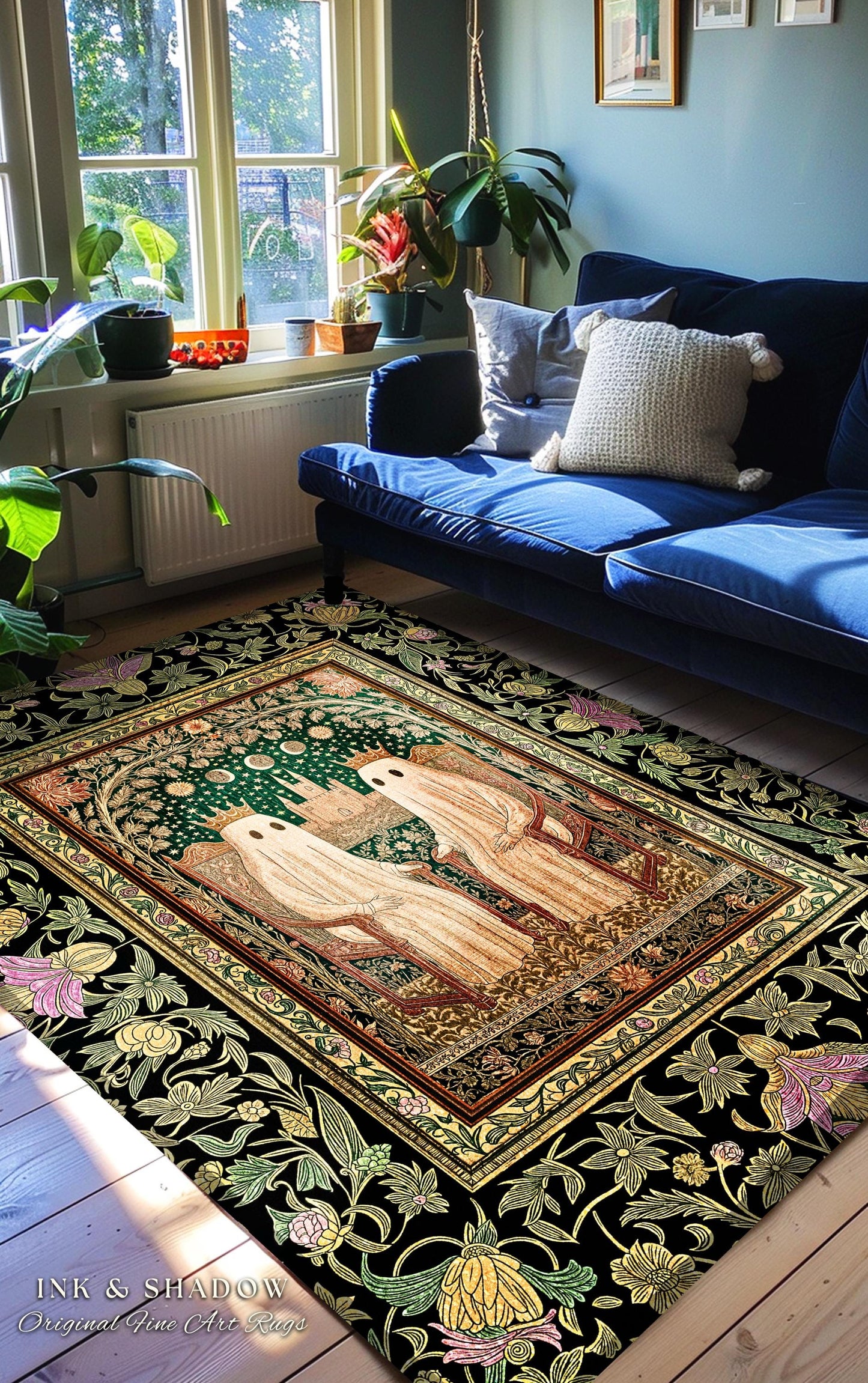 Royal Moonlit Ghost Lovers Rug | Cozy Gothic Bedroom Whimsigoth Style Dark Academia Aesthetic Haunted Halloween Cozy Accent Eclectic Decor