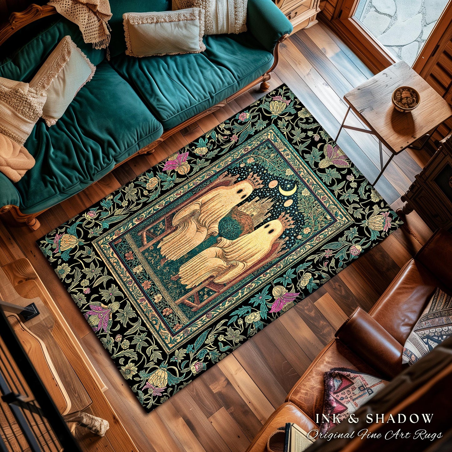 Victorian Gothic Lovers Area Rug | Eclectic Bedroom Dark Academia Style Decor Haunted Forest Theme Halloween Accent Whimsigothic Botanical