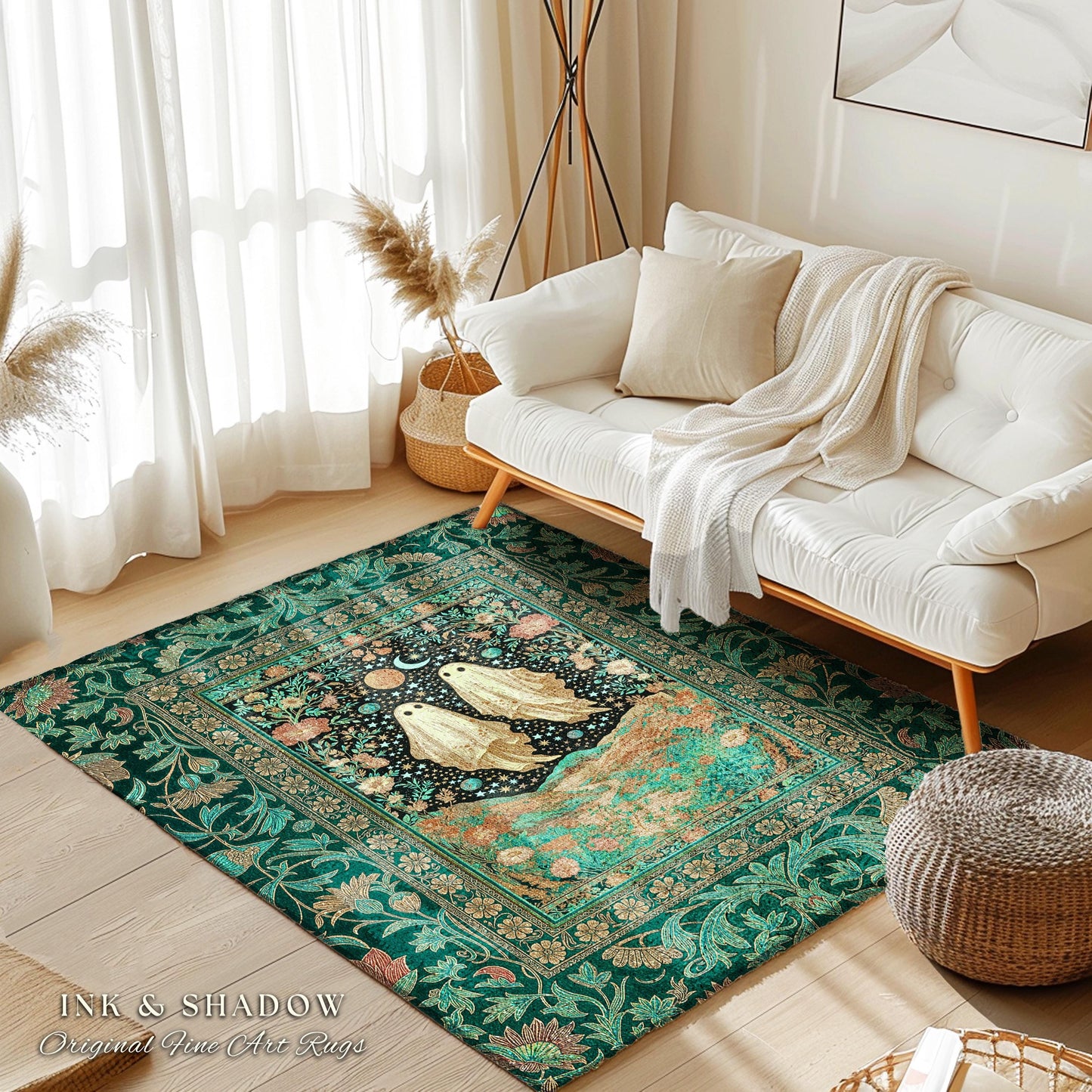 Cozy Moonlit Ghost Couple Area Rug | Whimsical Fall Rug Celestial Ghost Lovers Halloween Aesthetic Dark Cottagecore Magical Ethereal Decor |