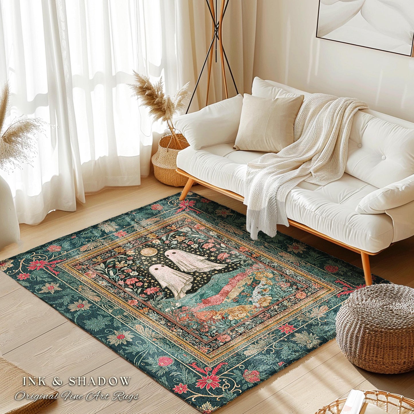 Starlit Garden Ghosts Area Rug | Pastel Whimsical Accent Rug Cozy Fall Decor Cottagecore Magic Carpet Whimsigoth Halloween Style Botanical