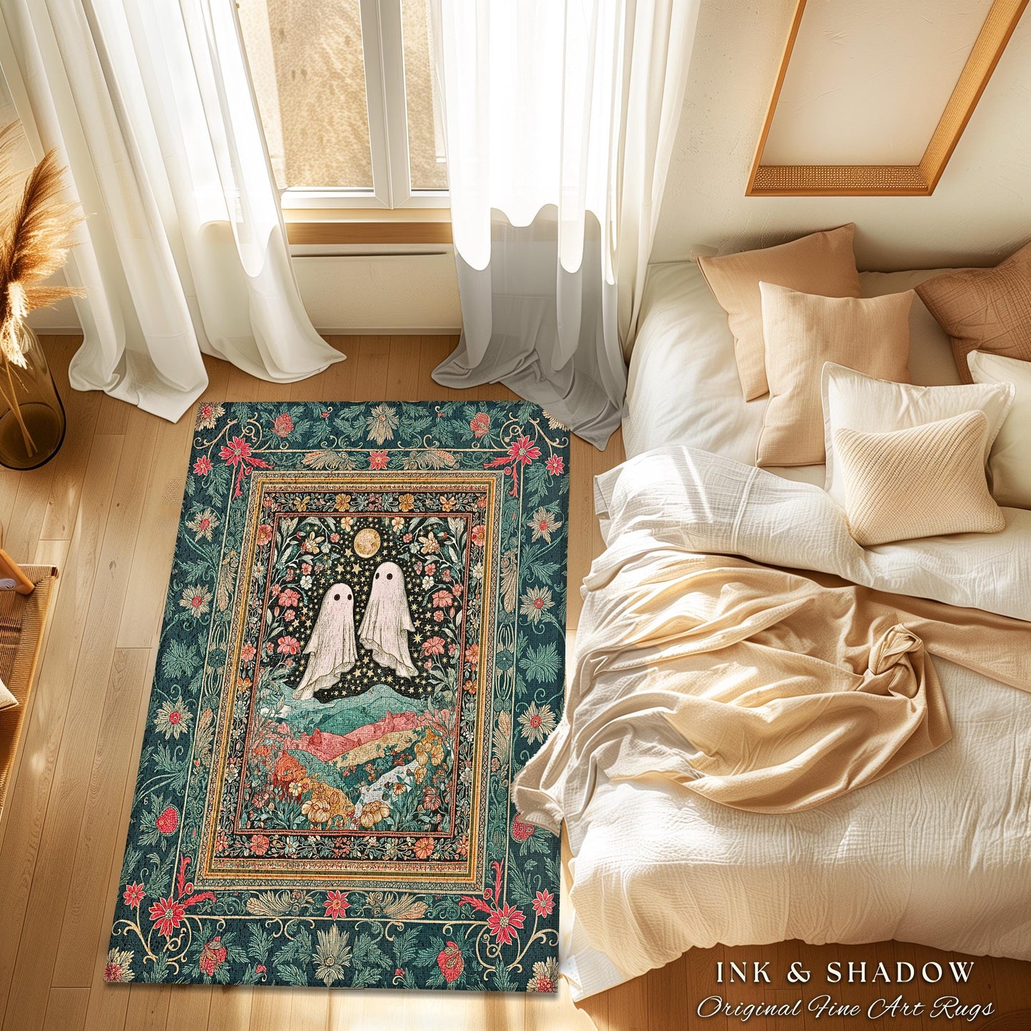 Starlit Garden Ghosts Area Rug | Pastel Whimsical Accent Rug Cozy Fall Decor Cottagecore Magic Carpet Whimsigoth Halloween Style Botanical