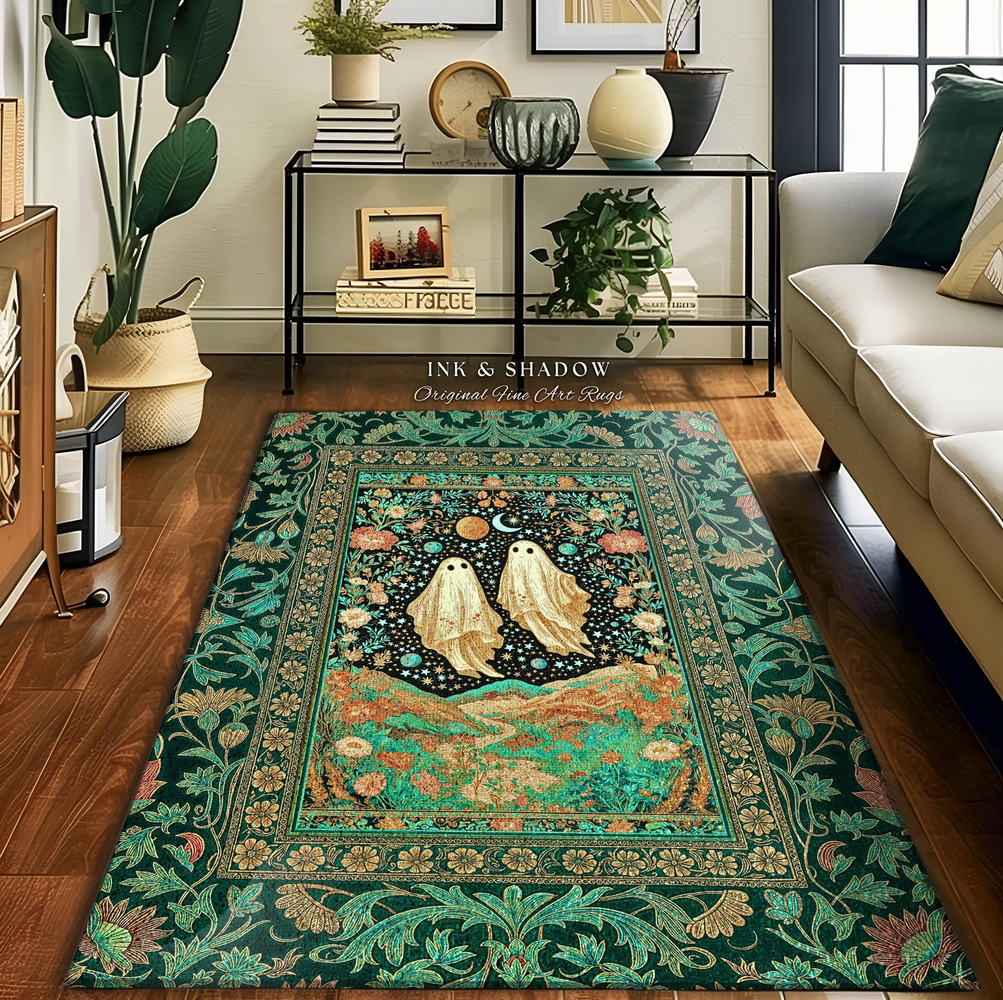 Cozy Moonlit Ghost Couple Area Rug | Whimsical Fall Rug Celestial Ghost Lovers Halloween Aesthetic Dark Cottagecore Magical Ethereal Decor |