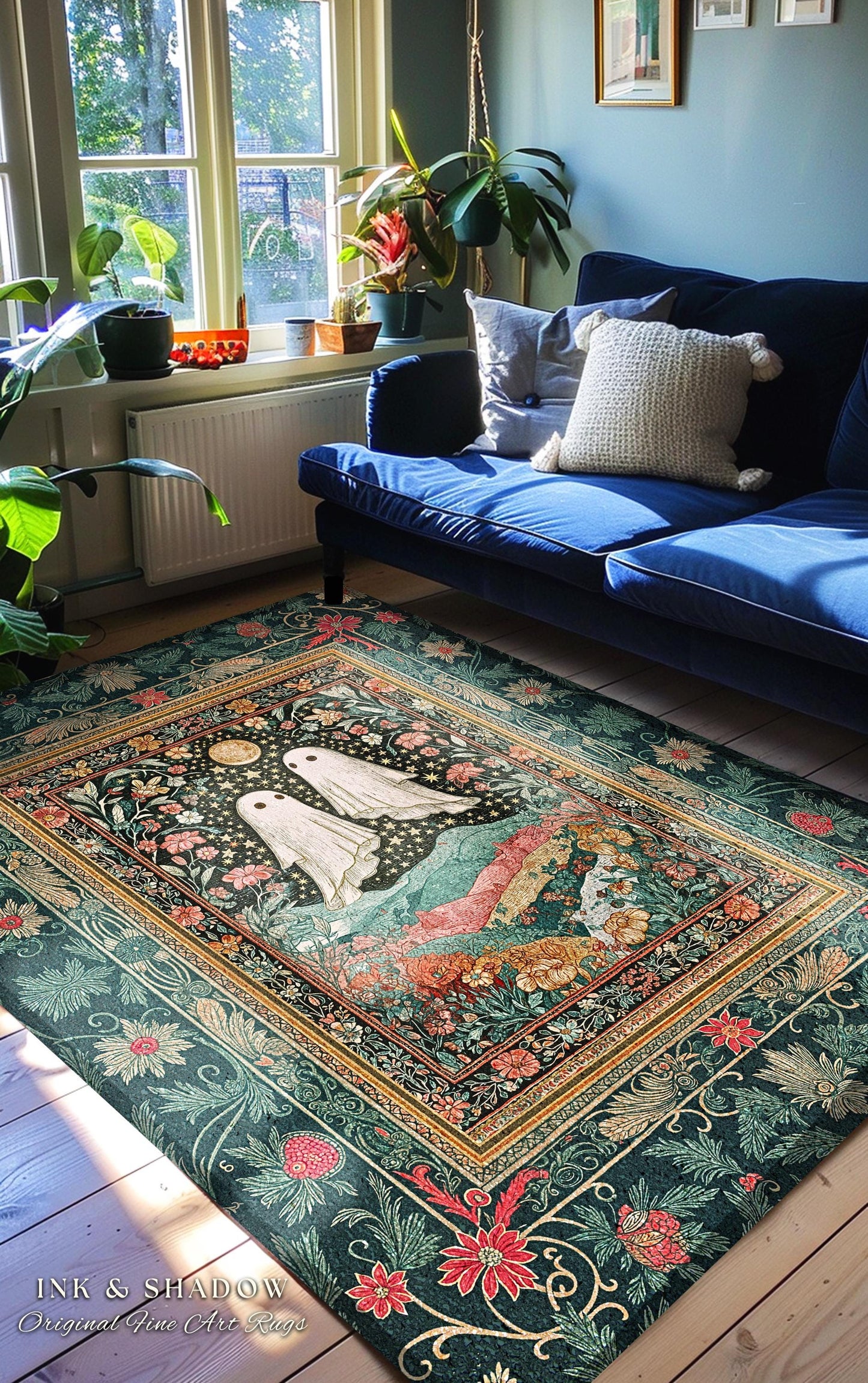 Starlit Garden Ghosts Area Rug | Pastel Whimsical Accent Rug Cozy Fall Decor Cottagecore Magic Carpet Whimsigoth Halloween Style Botanical