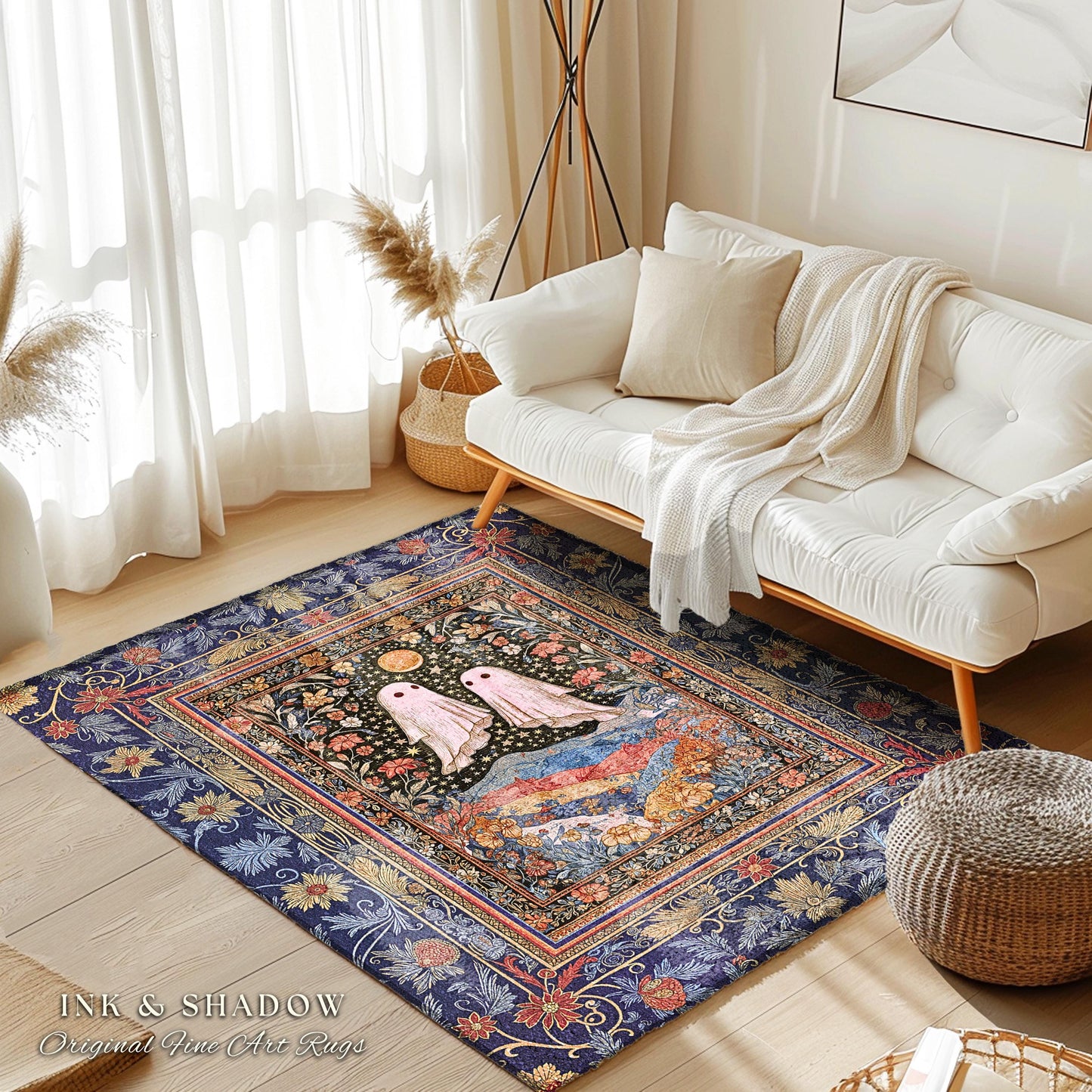 Ornate Cottagegoth Ghosts Accent Rug | Whimsigothic Botanical Romance Halloween Decor Gothic Bedroom Folklore Fairytale Floral Forest Style