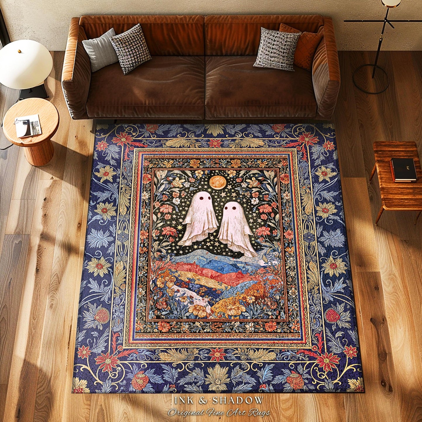 Ornate Cottagegoth Ghosts Accent Rug | Whimsigothic Botanical Romance Halloween Decor Gothic Bedroom Folklore Fairytale Floral Forest Style