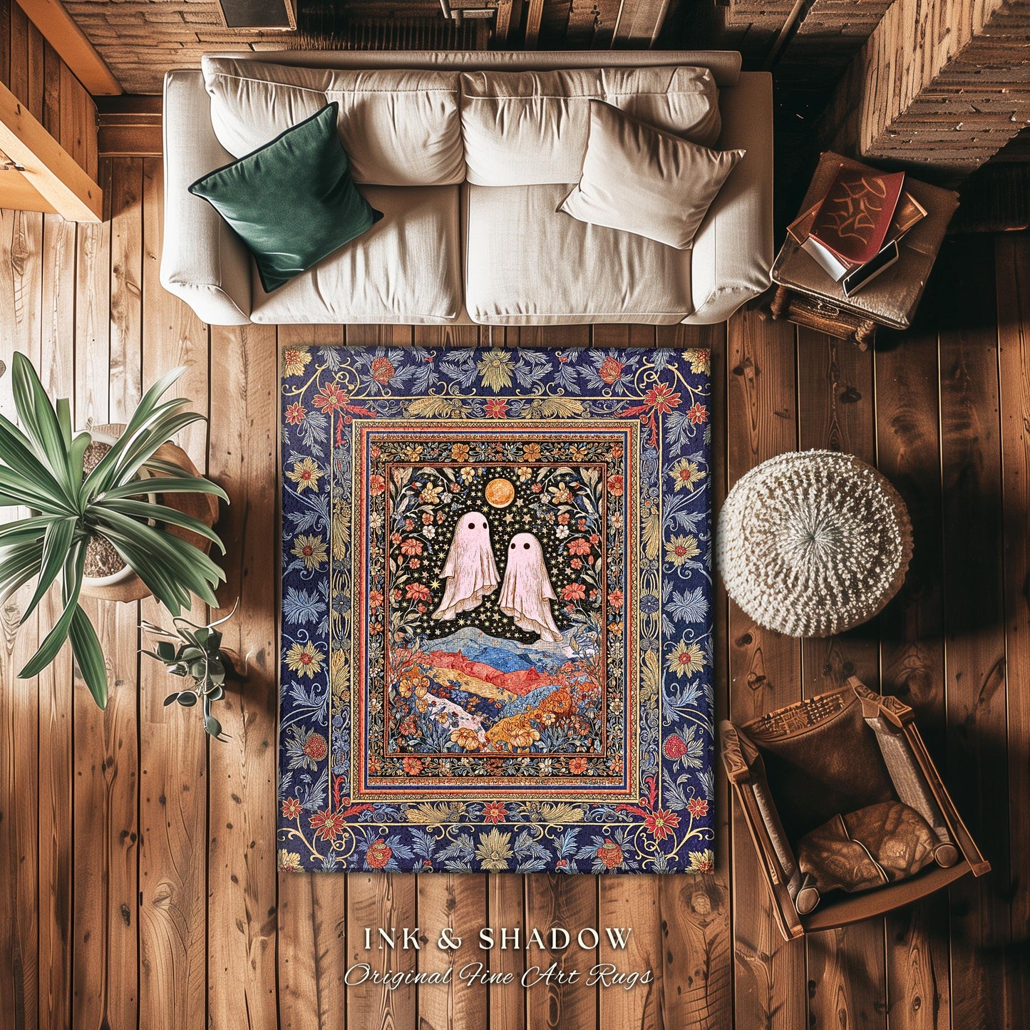 Ornate Cottagegoth Ghosts Accent Rug | Whimsigothic Botanical Romance Halloween Decor Gothic Bedroom Folklore Fairytale Floral Forest Style