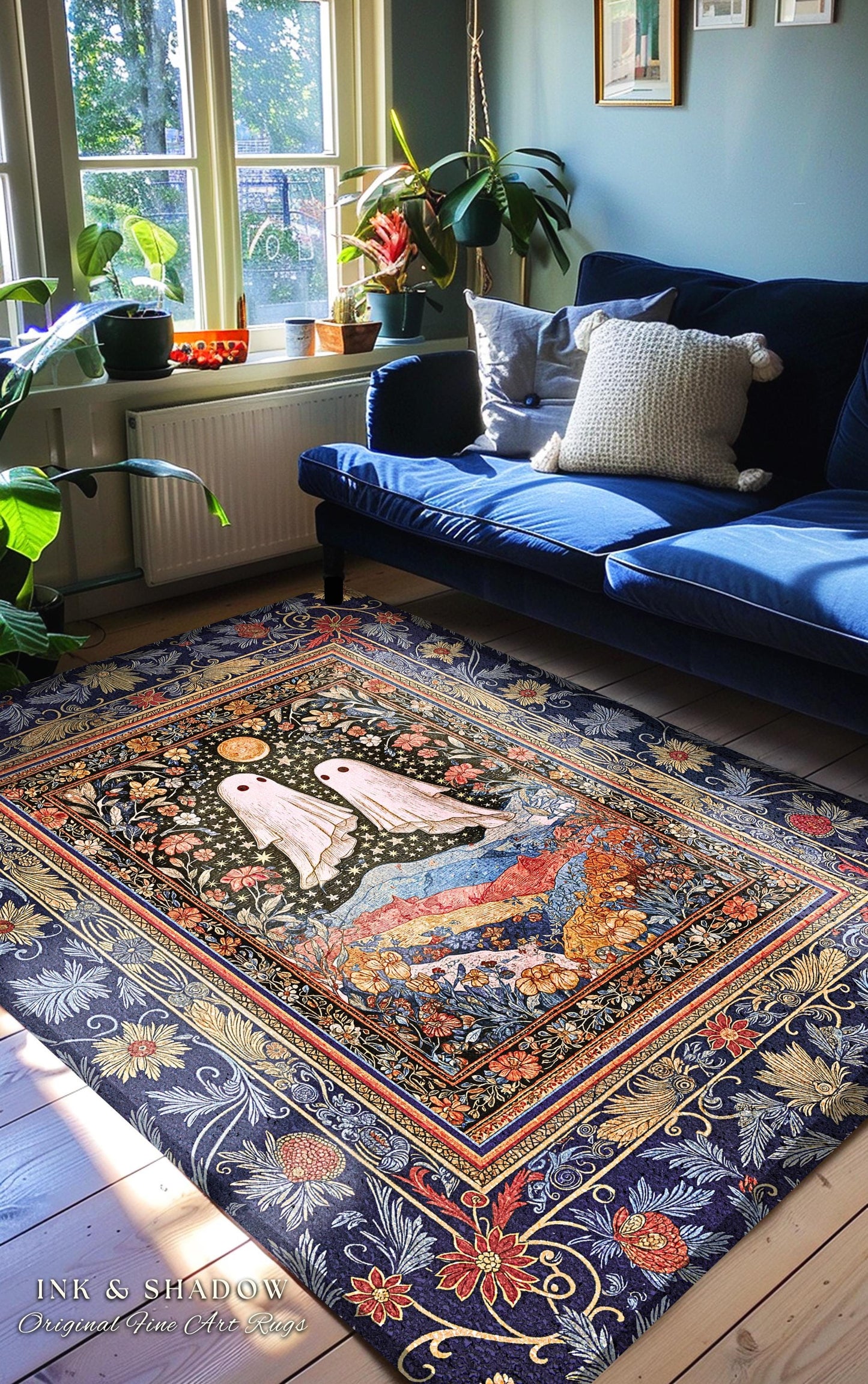 Ornate Cottagegoth Ghosts Accent Rug | Whimsigothic Botanical Romance Halloween Decor Gothic Bedroom Folklore Fairytale Floral Forest Style
