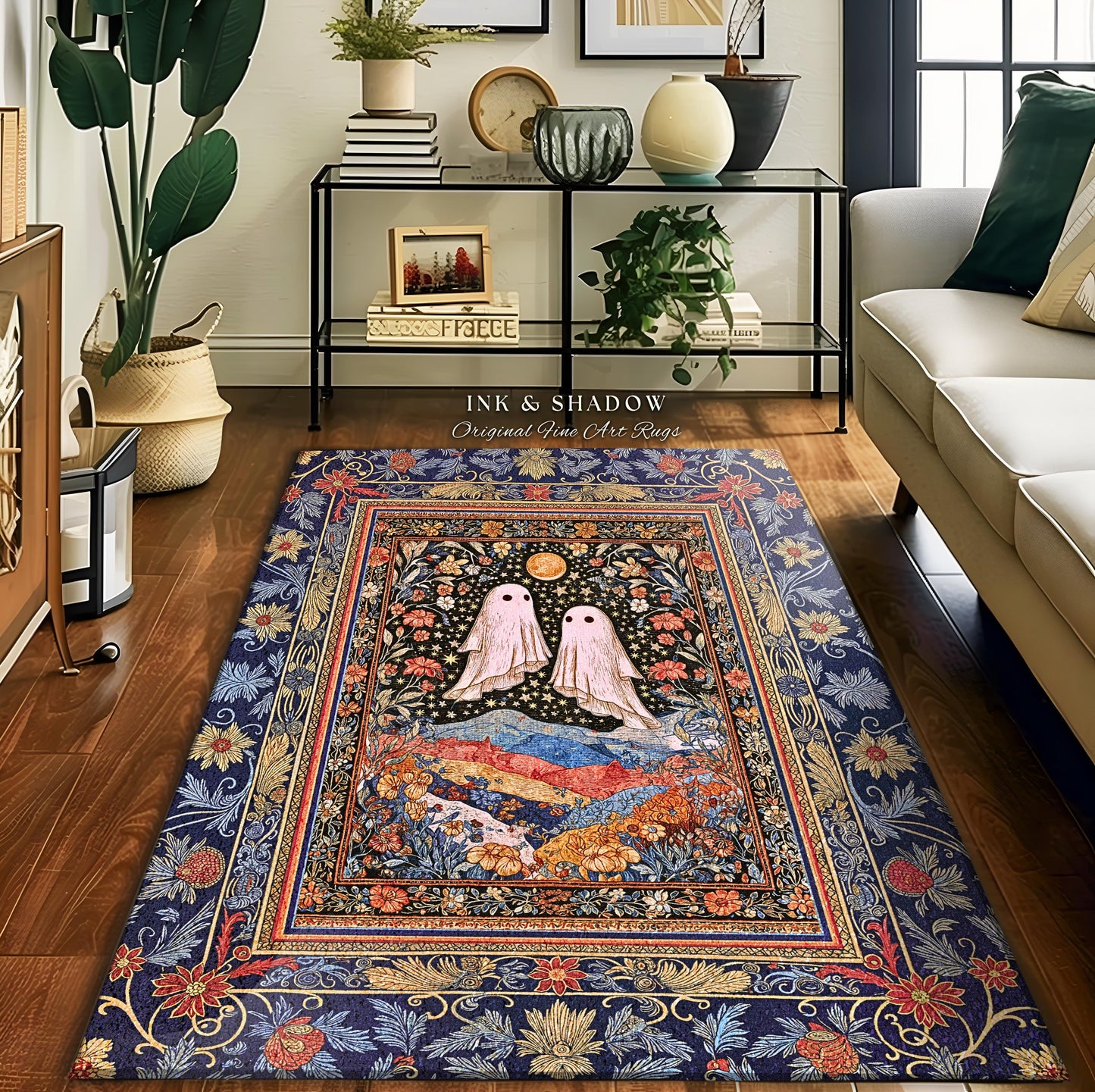 Ornate Cottagegoth Ghosts Accent Rug | Whimsigothic Botanical Romance Halloween Decor Gothic Bedroom Folklore Fairytale Floral Forest Style