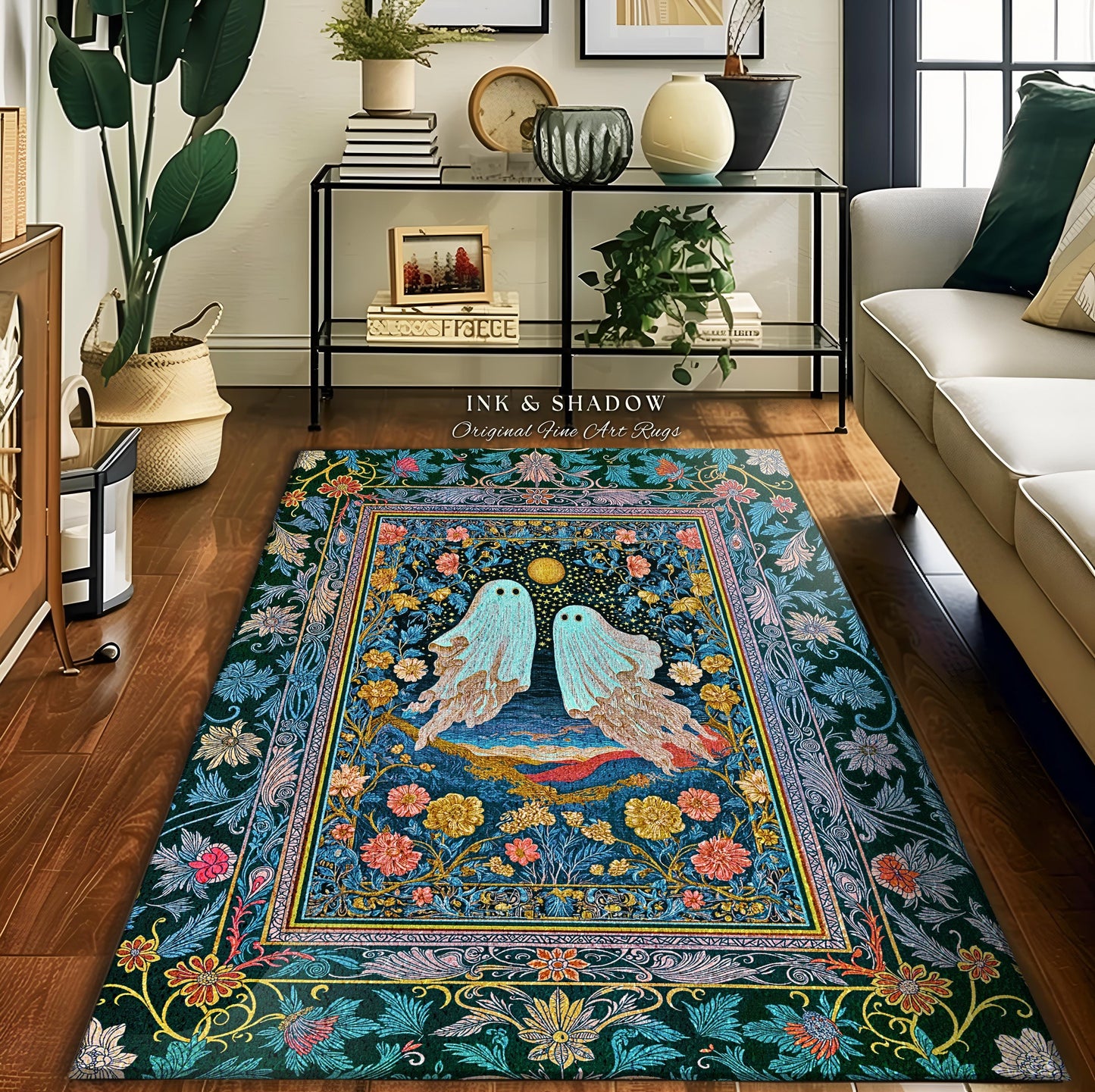 Pastel Florals Whimsical Ghost Rug | Light Academia Bedroom Accent Witchy Decor Whimsigoth Halloween Cute Gothic Cottagecore Aesthetic Room