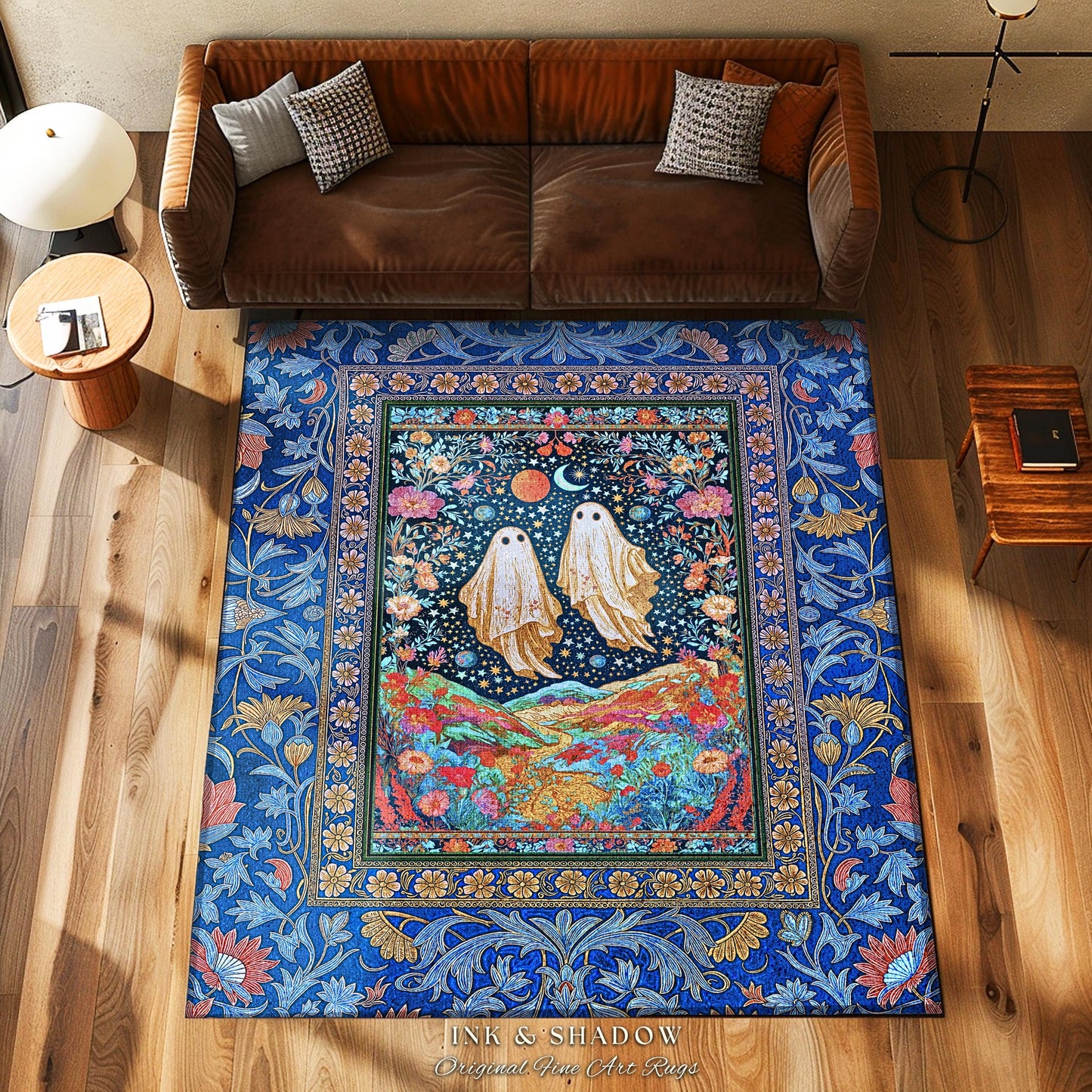 Star-Crossed Ghost Lovers Area Rug | Haunted Forest Cottagecore Bedroom Accent Celestial Halloween Whimsigoth Gothic Moody Botanical Decor