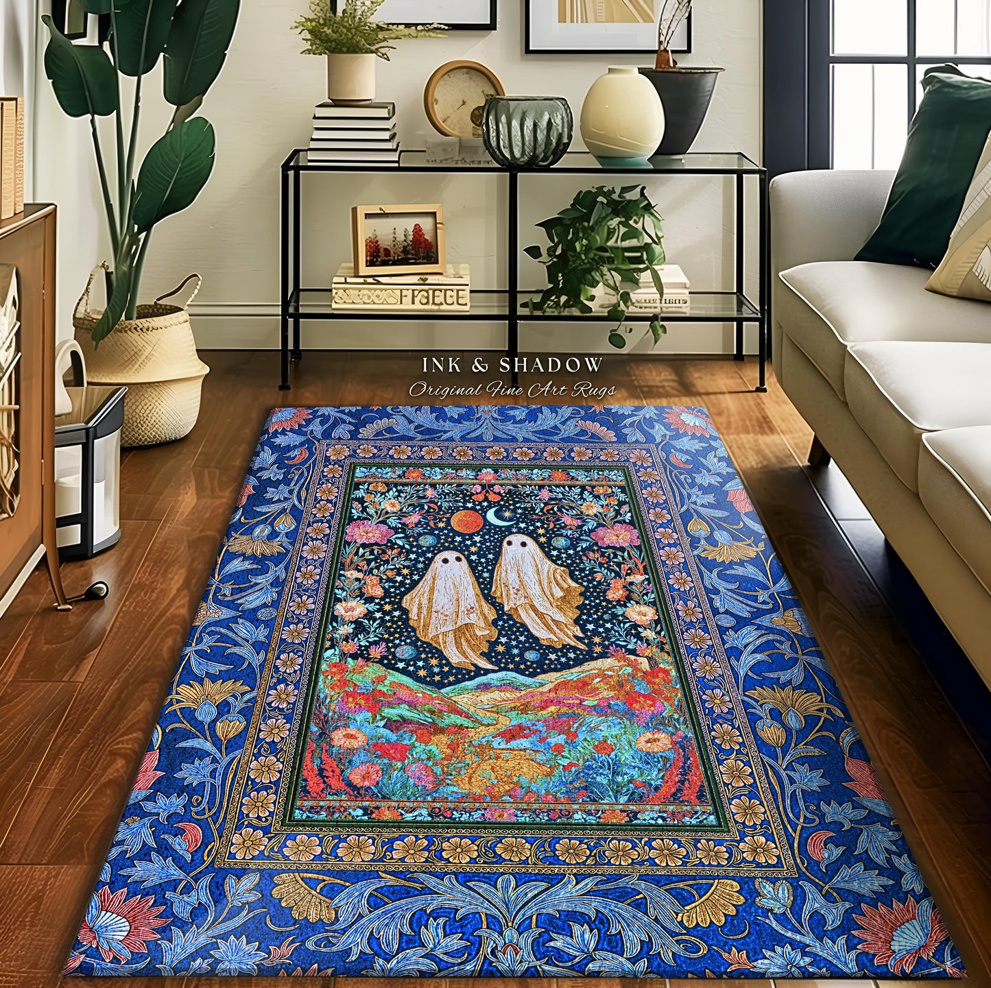 Star-Crossed Ghost Lovers Area Rug | Haunted Forest Cottagecore Bedroom Accent Celestial Halloween Whimsigoth Gothic Moody Botanical Decor