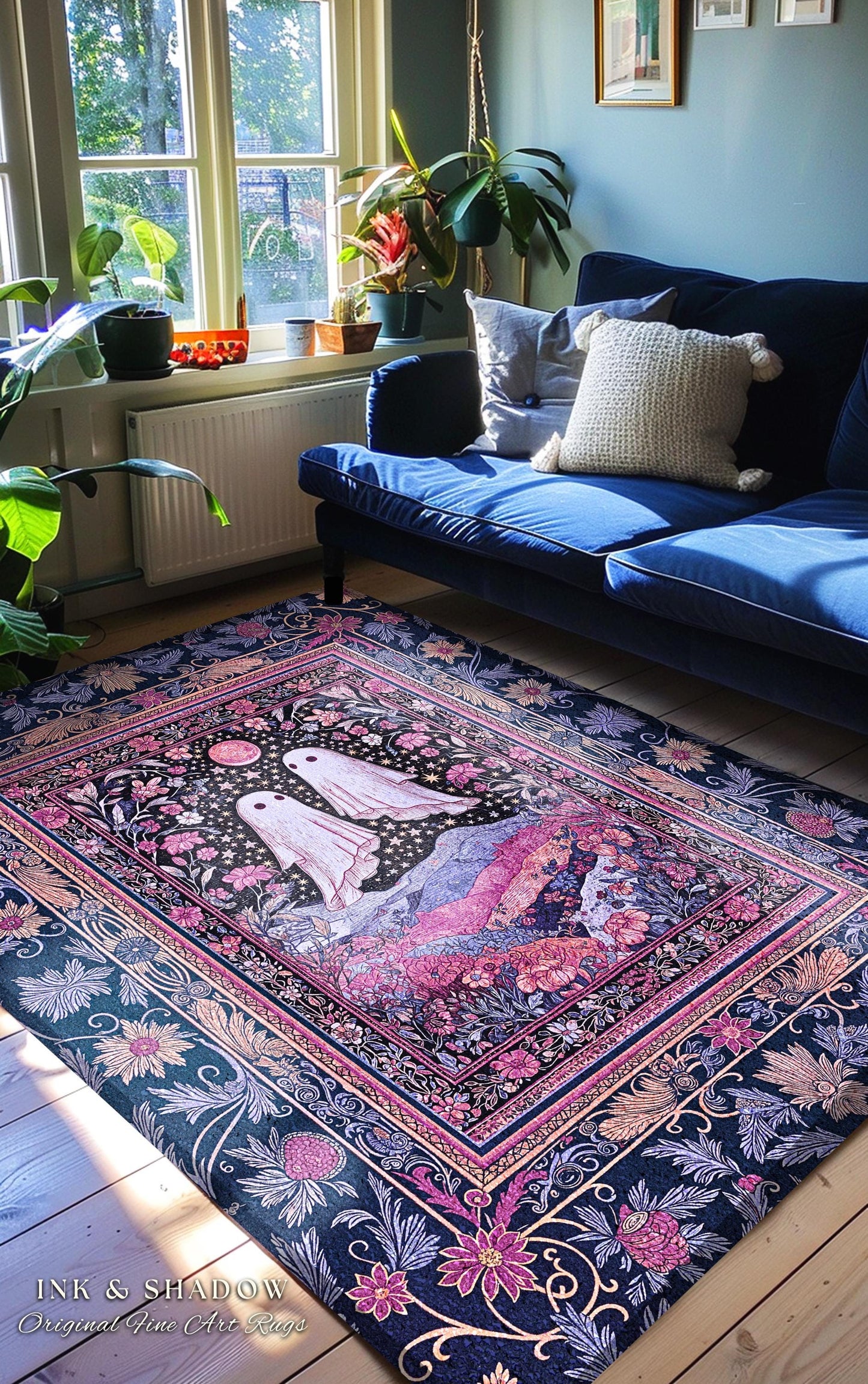 Pink & Purple Wildflower Ghost Lovers Rug | Pastel Cottagecore Romantic Bedroom Accent Fairytale Whimsigoth Style Enchanted Botanical Gothic