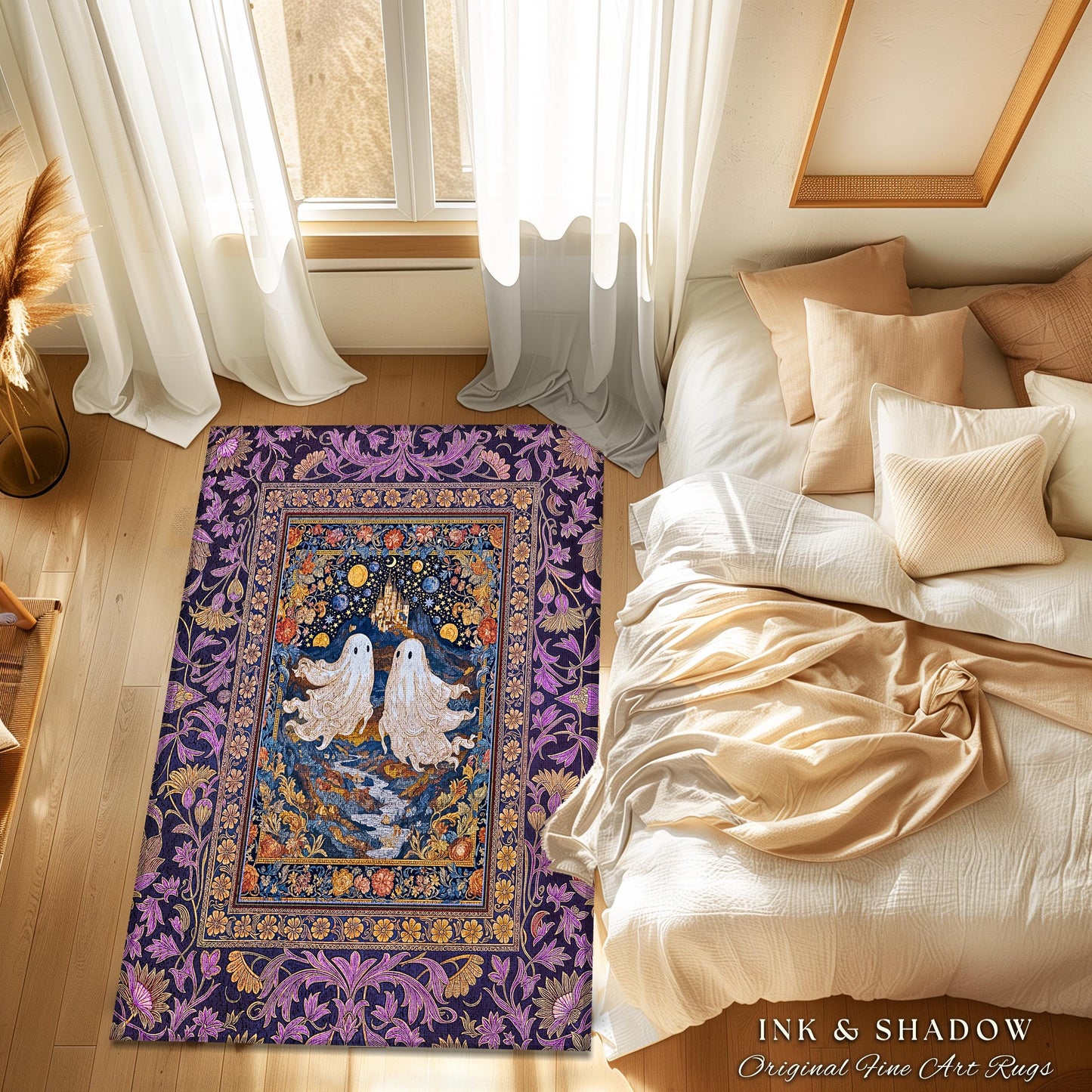 Rosy Aesthetic Celestial Ghost Rug | Gothic Ghost Lovers Bedroom Spooky Season Decor Witchy Style Fantasy Accent Baroque Fairytale Whimsy |