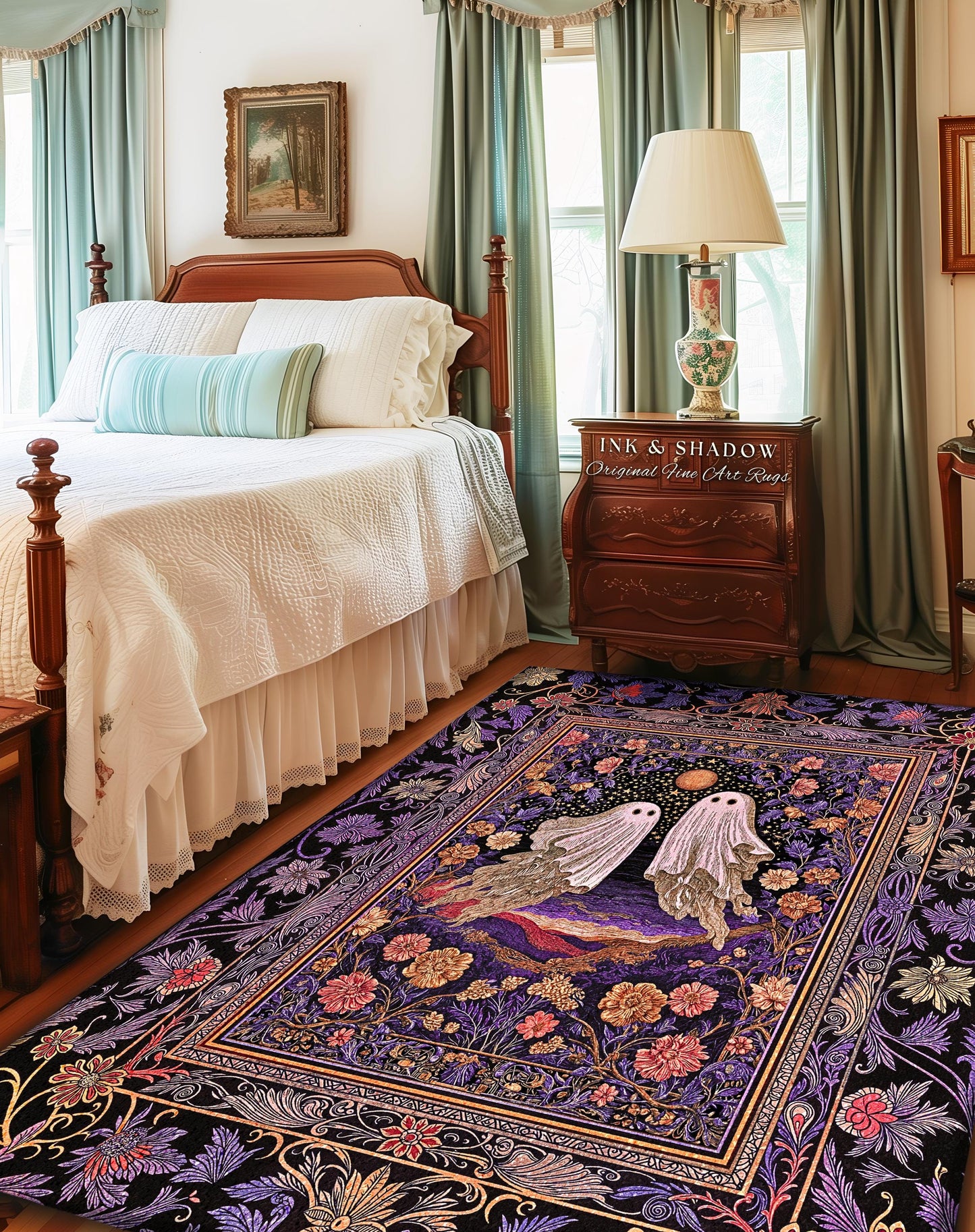 Mystic Sunset Spooky Area Rug | Mauve Pink Halloween Ghost Accent Gothic Fairytale Bedroom Cottagecore Witchcore Fall Aesthetic Whimsy Decor
