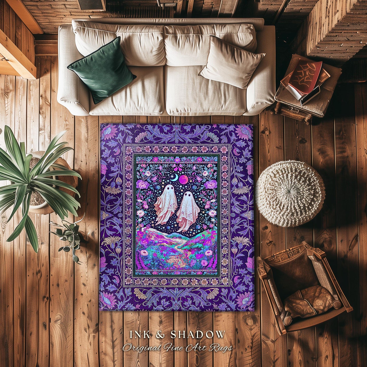 Cosmic Purple Ghost Landscape Rug | Ethereal Landscape Whimsical Accent Rug Cottagecore Halloween Bedroom Fairycore Aesthetic Floral Decor |