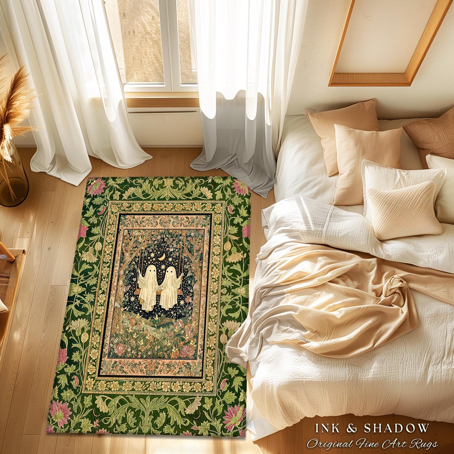 Ghost Lovers on a Swing Rug | Ethereal Moonlit Lovers Area Rug Whimsical Bedroom Accent Mystical Aesthetic Gothic Witchy Fairycore Accent |