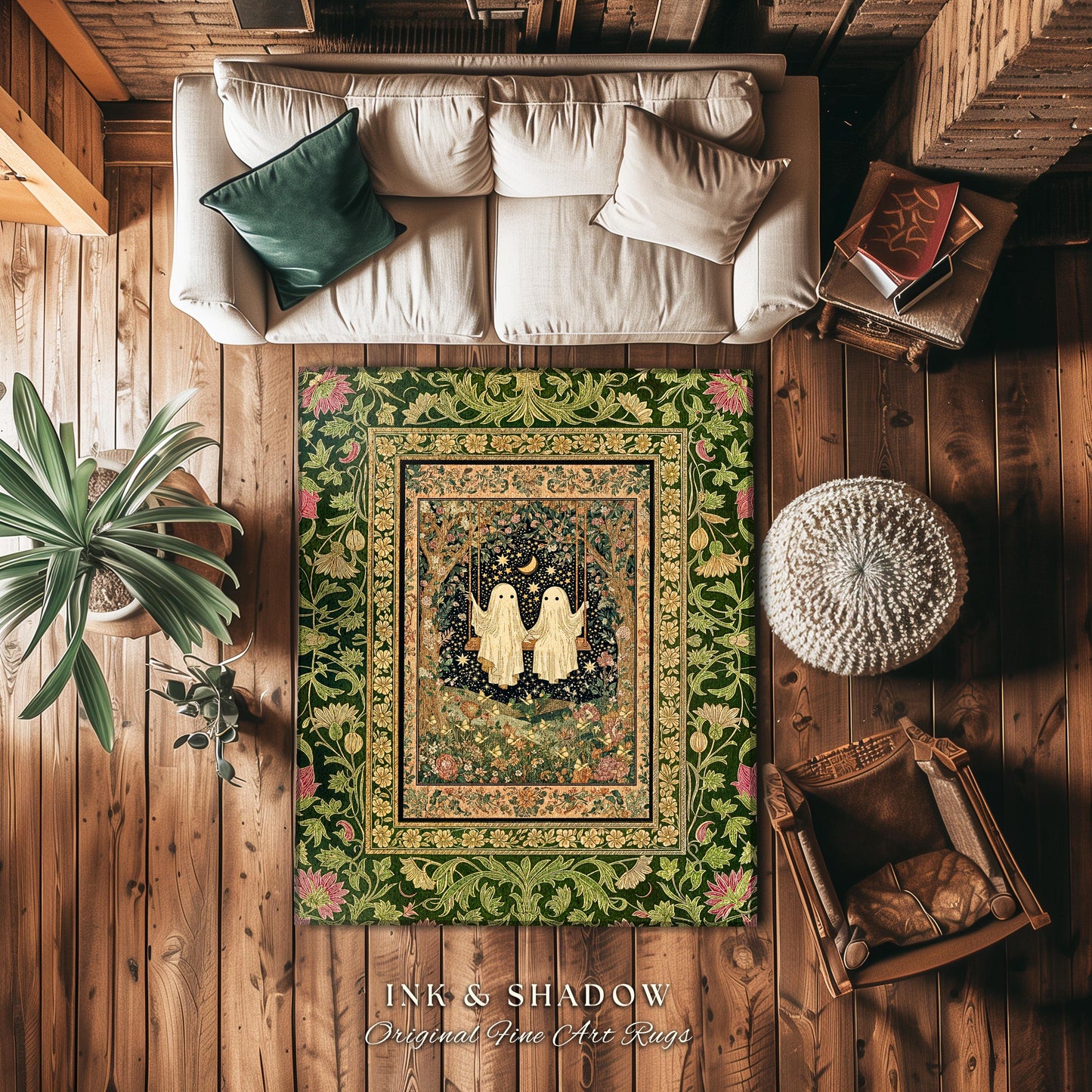 Ghost Lovers on a Swing Rug | Ethereal Moonlit Lovers Area Rug Whimsical Bedroom Accent Mystical Aesthetic Gothic Witchy Fairycore Accent |