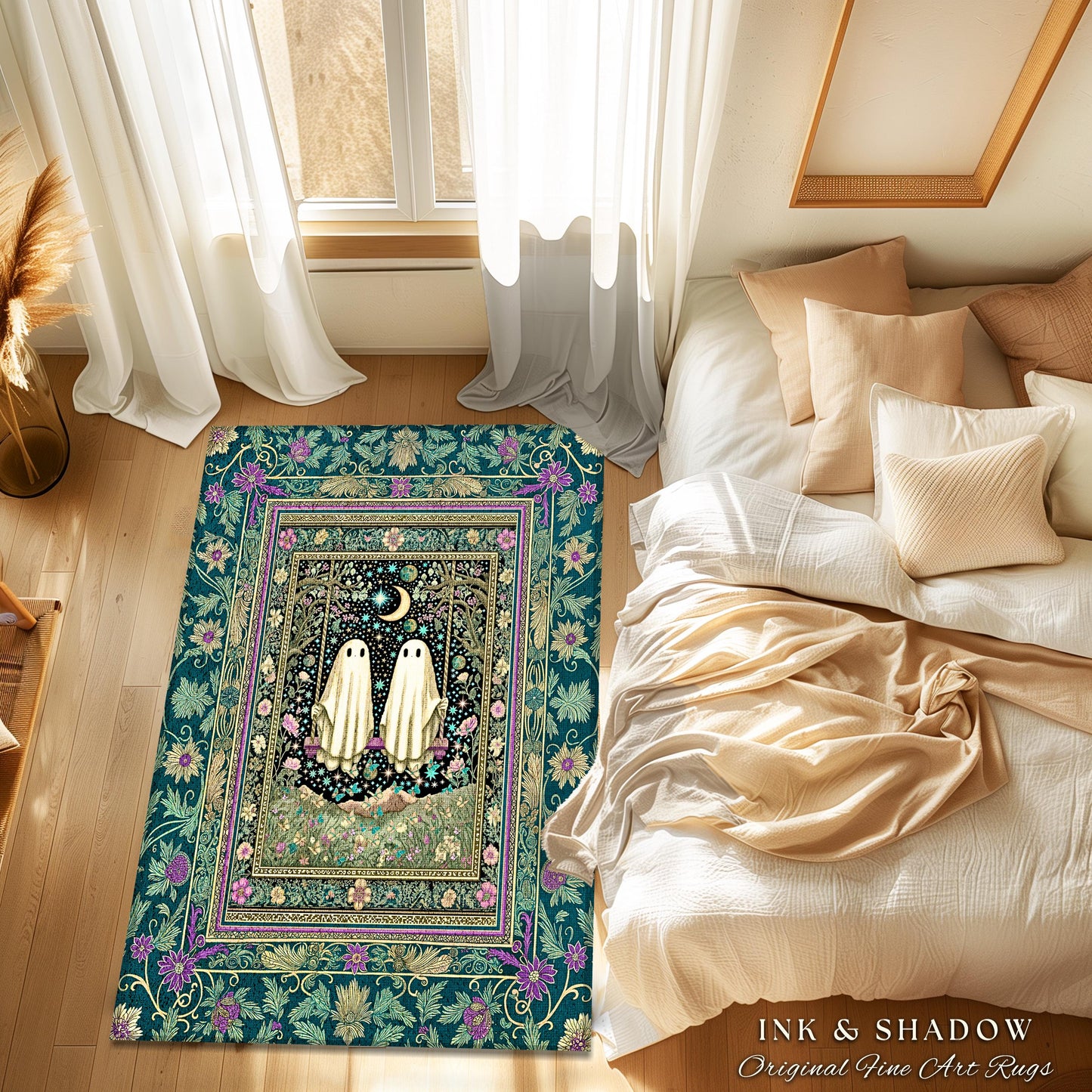 Cute Ghost Friends Area Rug | Moonlit Spirits Floral Forestcore Accent Autumn Gothic Spirit Decor Celestial Botanical Witchcore Aesthetic |