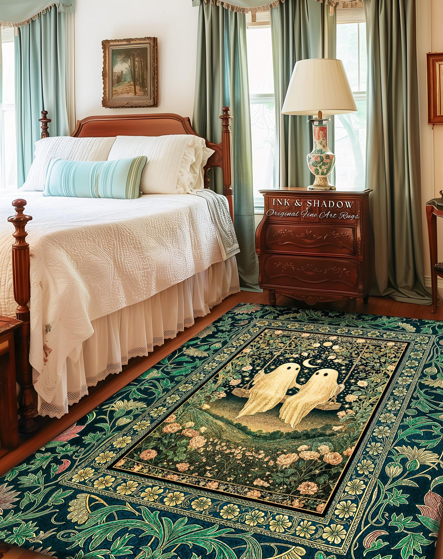 Eternally Yours Ghost Couple Rug | Haunted Lovers Area Rug Mystical Bedroom Accent Cozy Gothic Whimsy Botanical Garden Spooky Cute Spirits