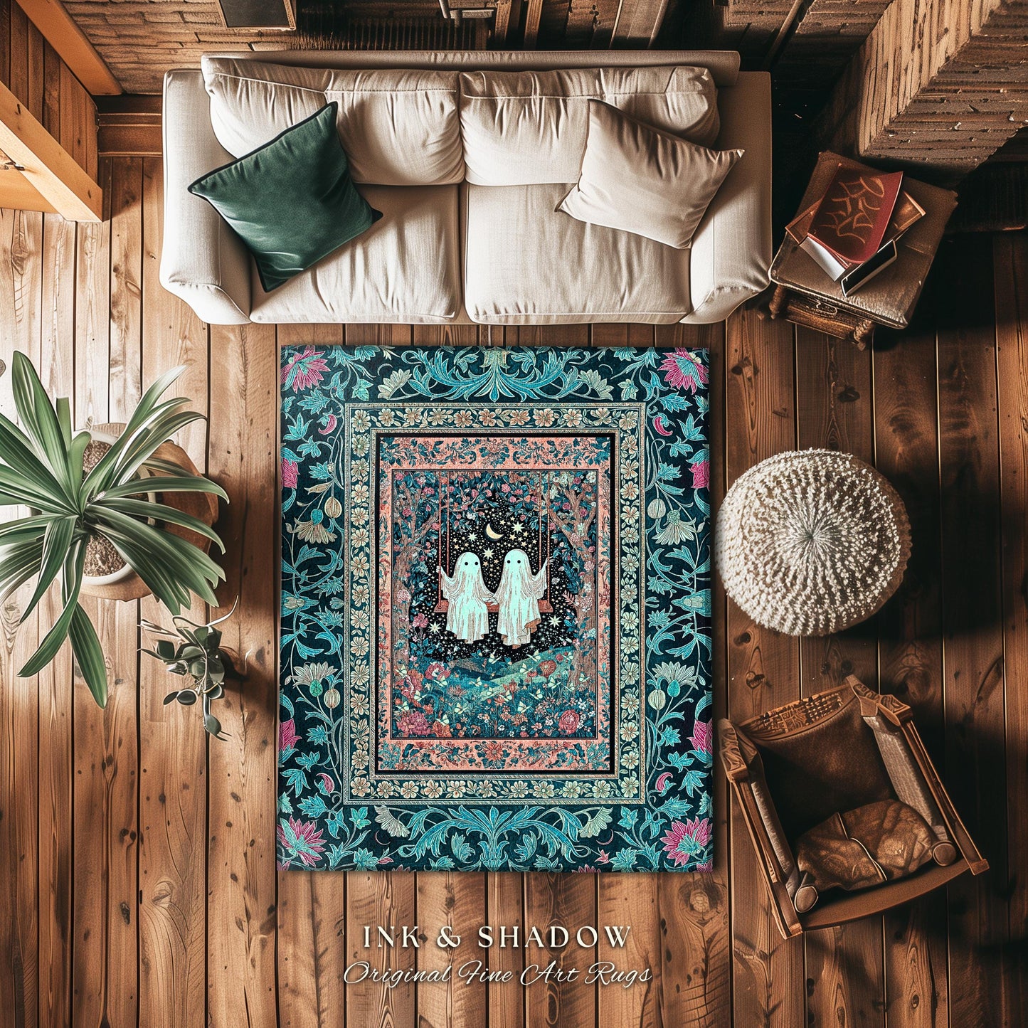 Starlit Ghost Swing Moody Area Rug | Celestial Bedroom Decor Autumn Aesthetic Dark Forest Gothic Accent Witchcore Cottagecore Fairytale Art