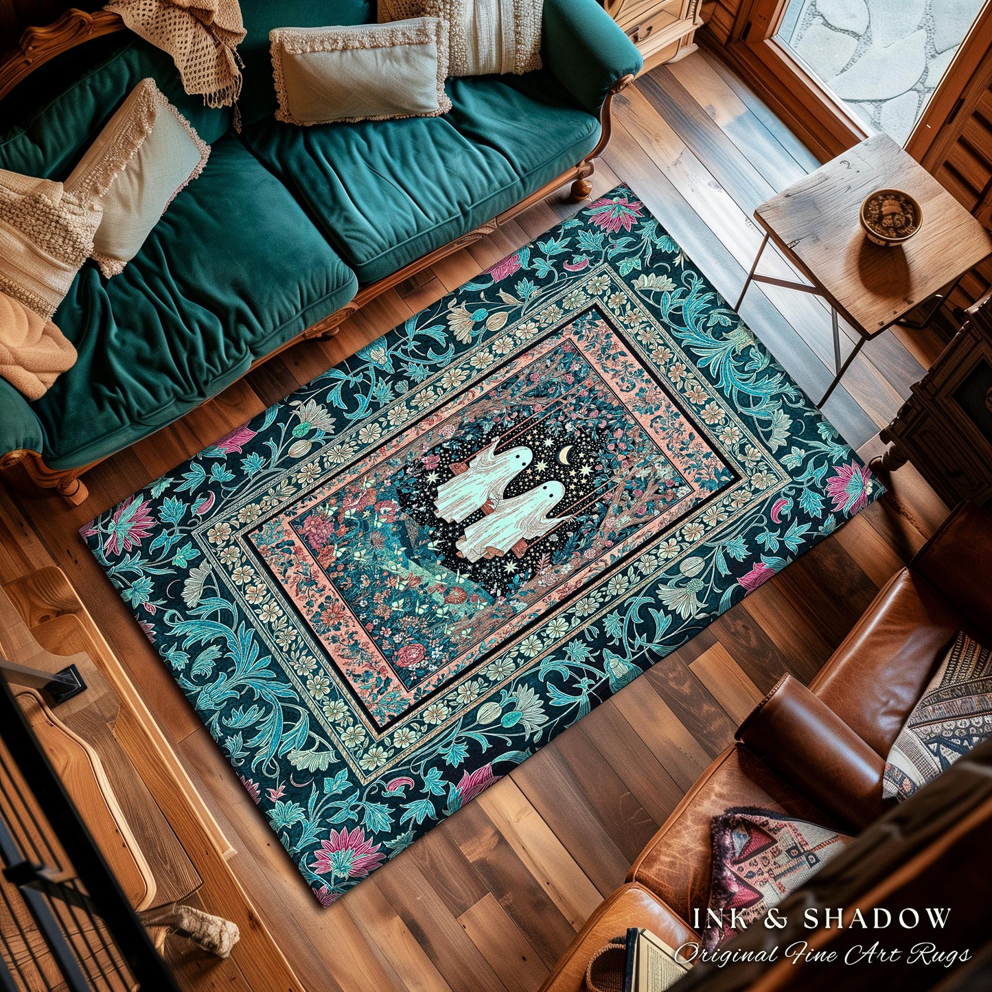 Starlit Ghost Swing Moody Area Rug | Celestial Bedroom Decor Autumn Aesthetic Dark Forest Gothic Accent Witchcore Cottagecore Fairytale Art