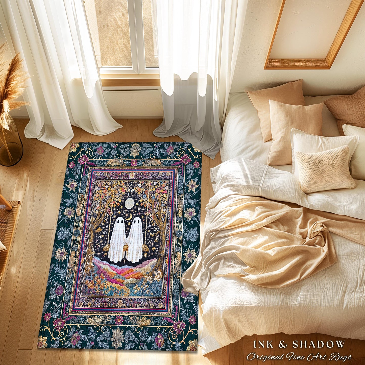 Moody Moonlit Forest Swing Ghost Rug | Celestial Lovers Area Rug Gothic Cottagecore Decor Witchy Accent Witchcore Fairytale Autumn Aesthetic