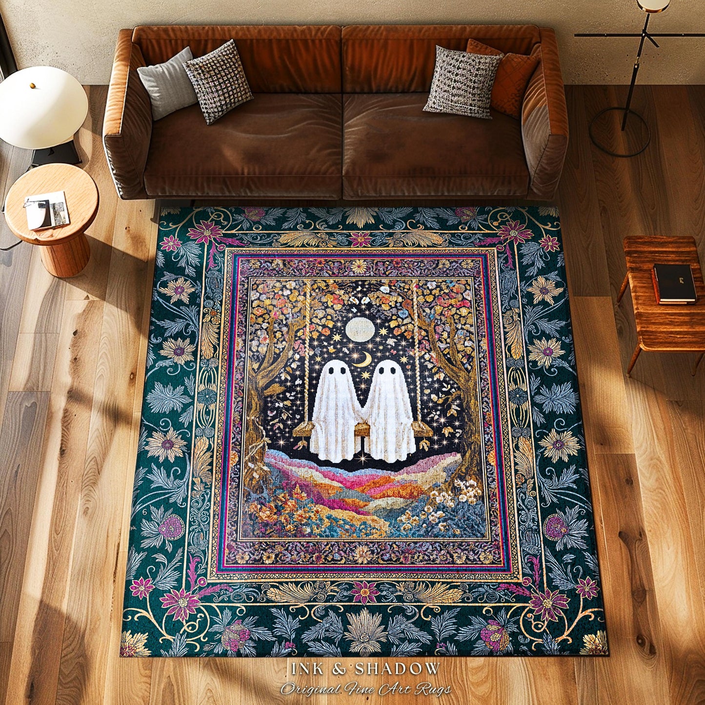 Moody Moonlit Forest Swing Ghost Rug | Celestial Lovers Area Rug Gothic Cottagecore Decor Witchy Accent Witchcore Fairytale Autumn Aesthetic