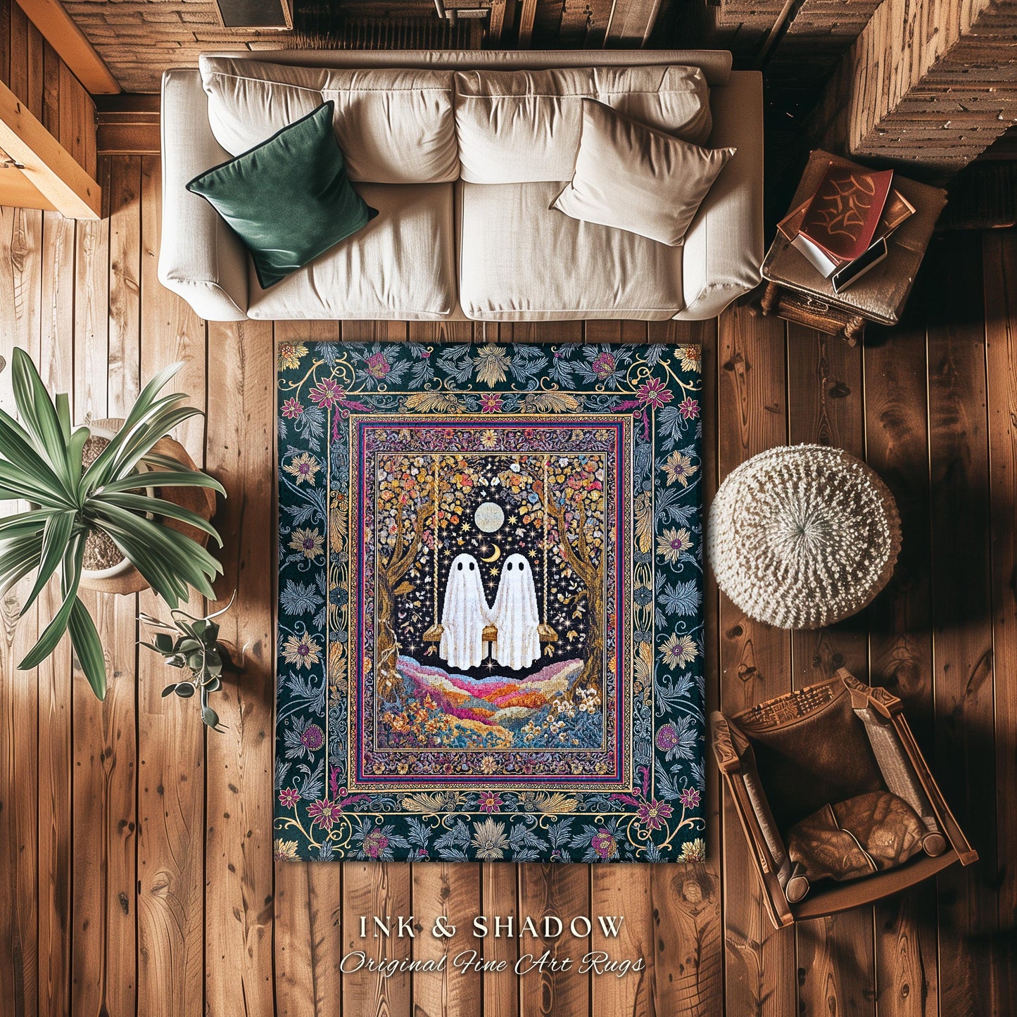 Moody Moonlit Forest Swing Ghost Rug | Celestial Lovers Area Rug Gothic Cottagecore Decor Witchy Accent Witchcore Fairytale Autumn Aesthetic