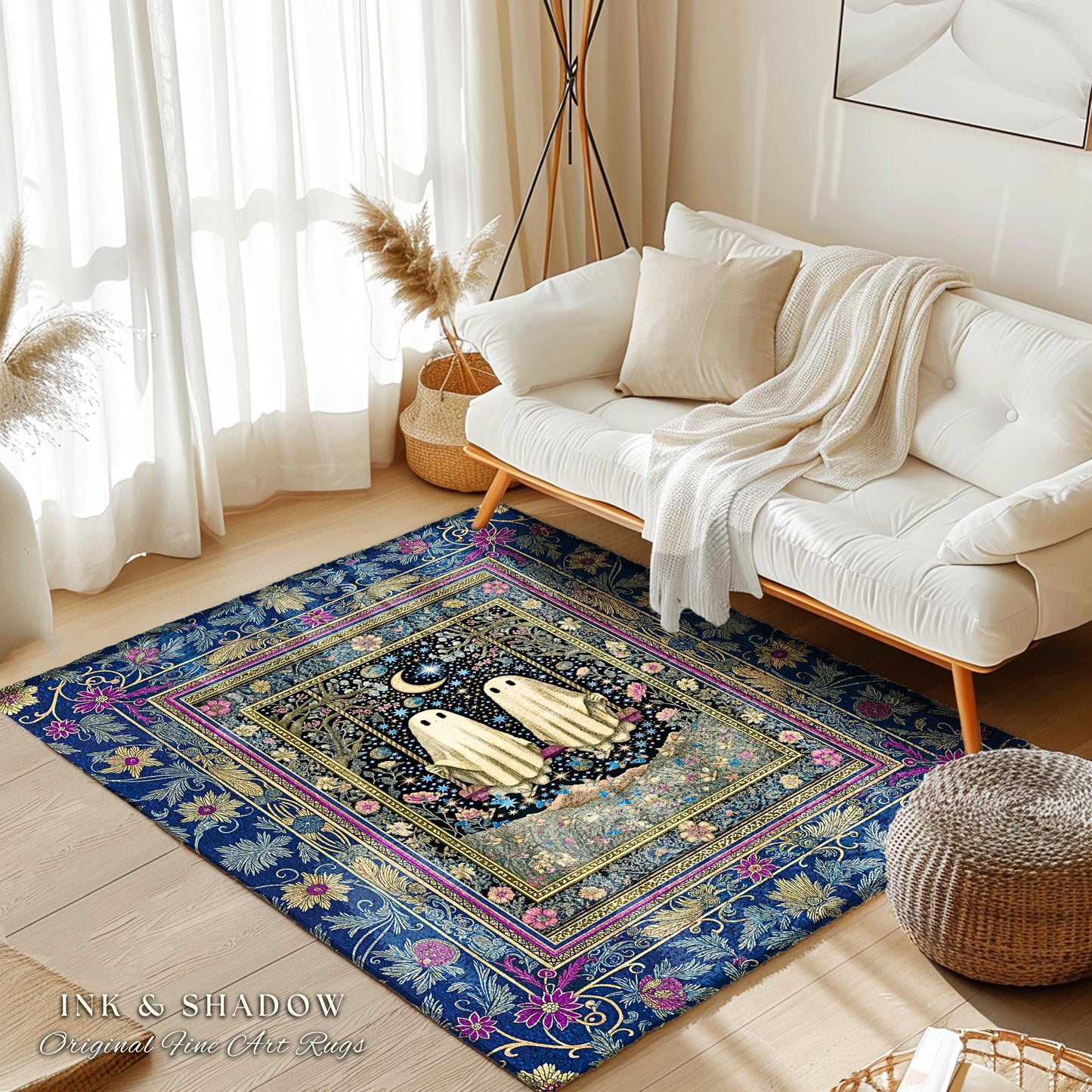 Whimsical Autumn Ghosts Accents Rug | Floral Ornate Bedroom Accent Autumnal Style Whimsigoth Decor Halloween Wallflower Cottagecore Rug Cute