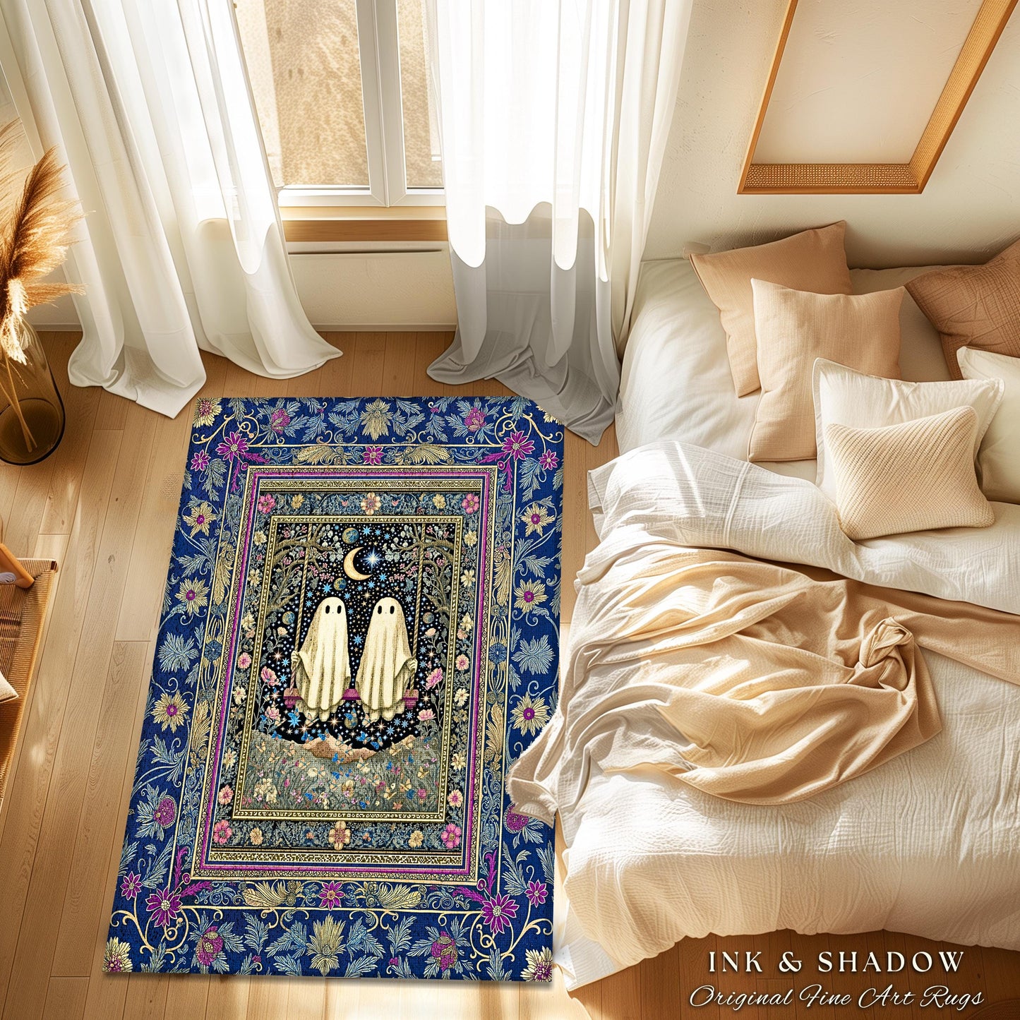 Whimsical Autumn Ghosts Accents Rug | Floral Ornate Bedroom Accent Autumnal Style Whimsigoth Decor Halloween Wallflower Cottagecore Rug Cute