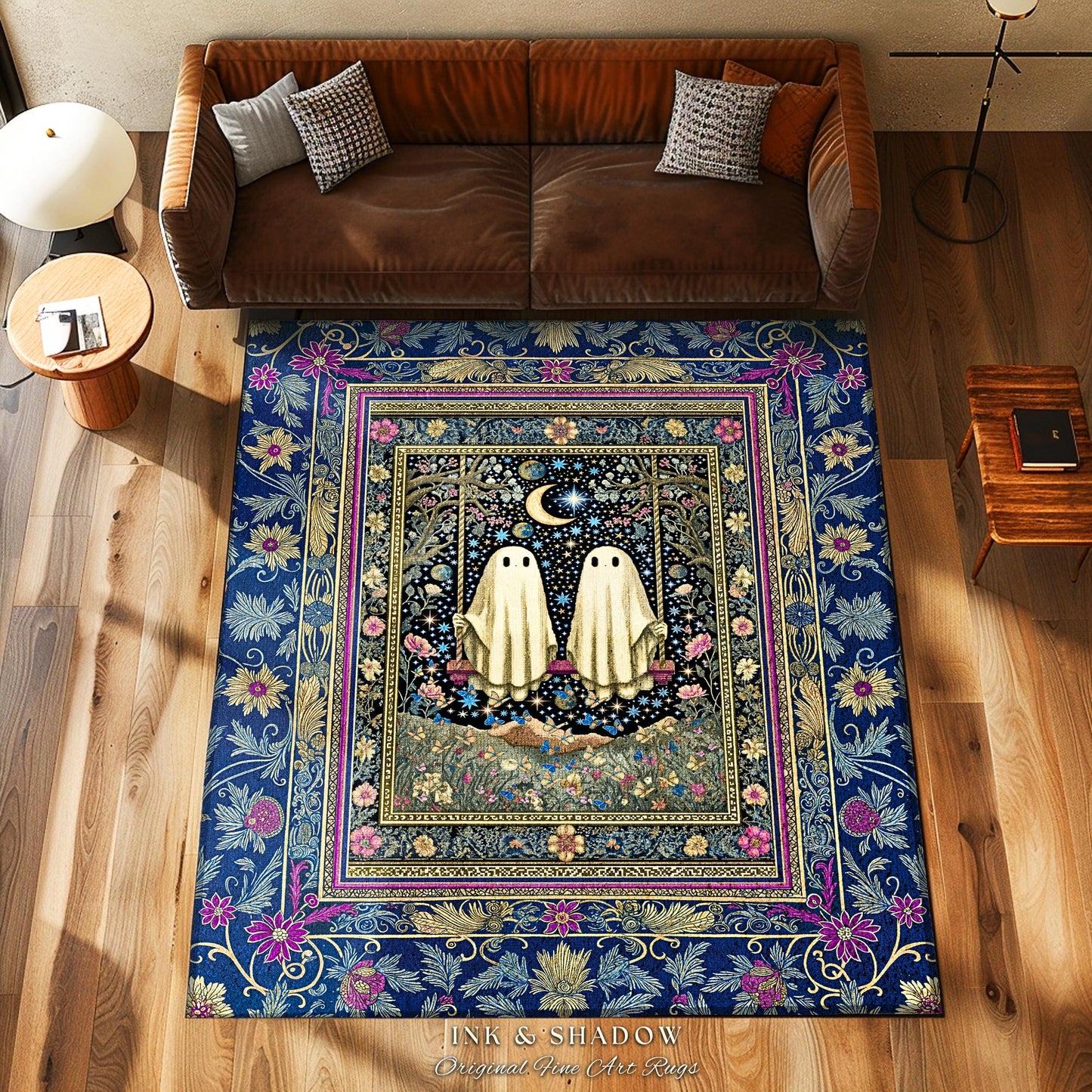 Whimsical Autumn Ghosts Accents Rug | Floral Ornate Bedroom Accent Autumnal Style Whimsigoth Decor Halloween Wallflower Cottagecore Rug Cute