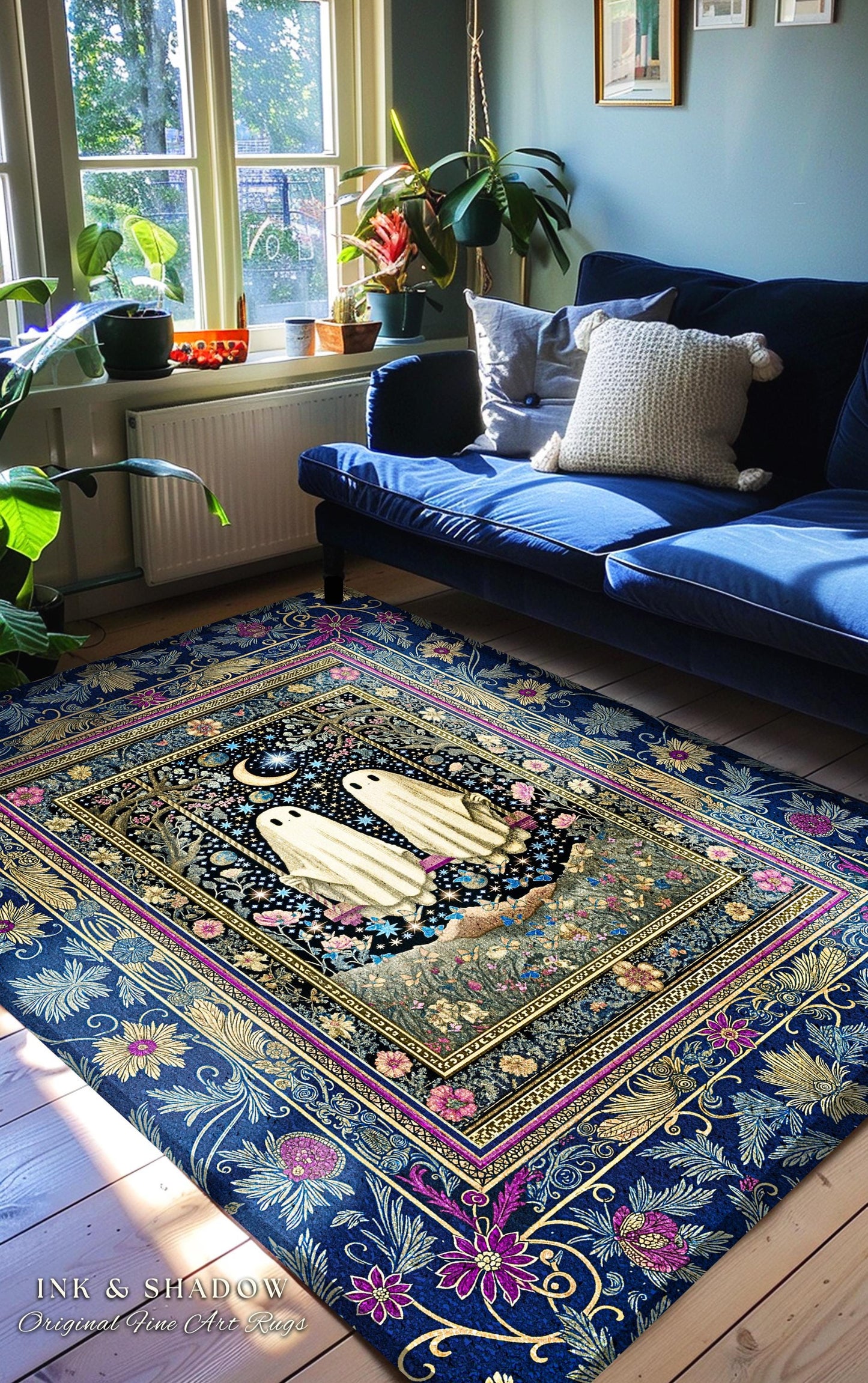 Whimsical Autumn Ghosts Accents Rug | Floral Ornate Bedroom Accent Autumnal Style Whimsigoth Decor Halloween Wallflower Cottagecore Rug Cute