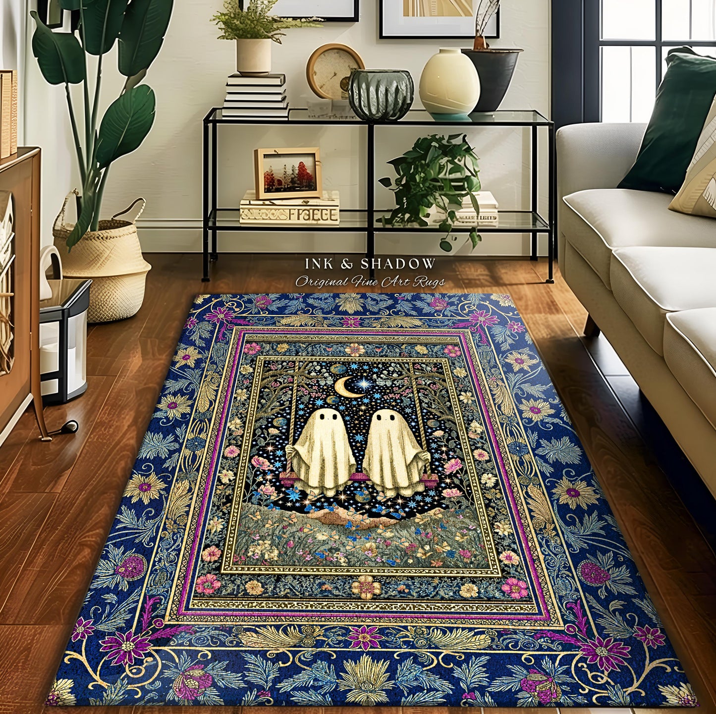 Whimsical Autumn Ghosts Accents Rug | Floral Ornate Bedroom Accent Autumnal Style Whimsigoth Decor Halloween Wallflower Cottagecore Rug Cute