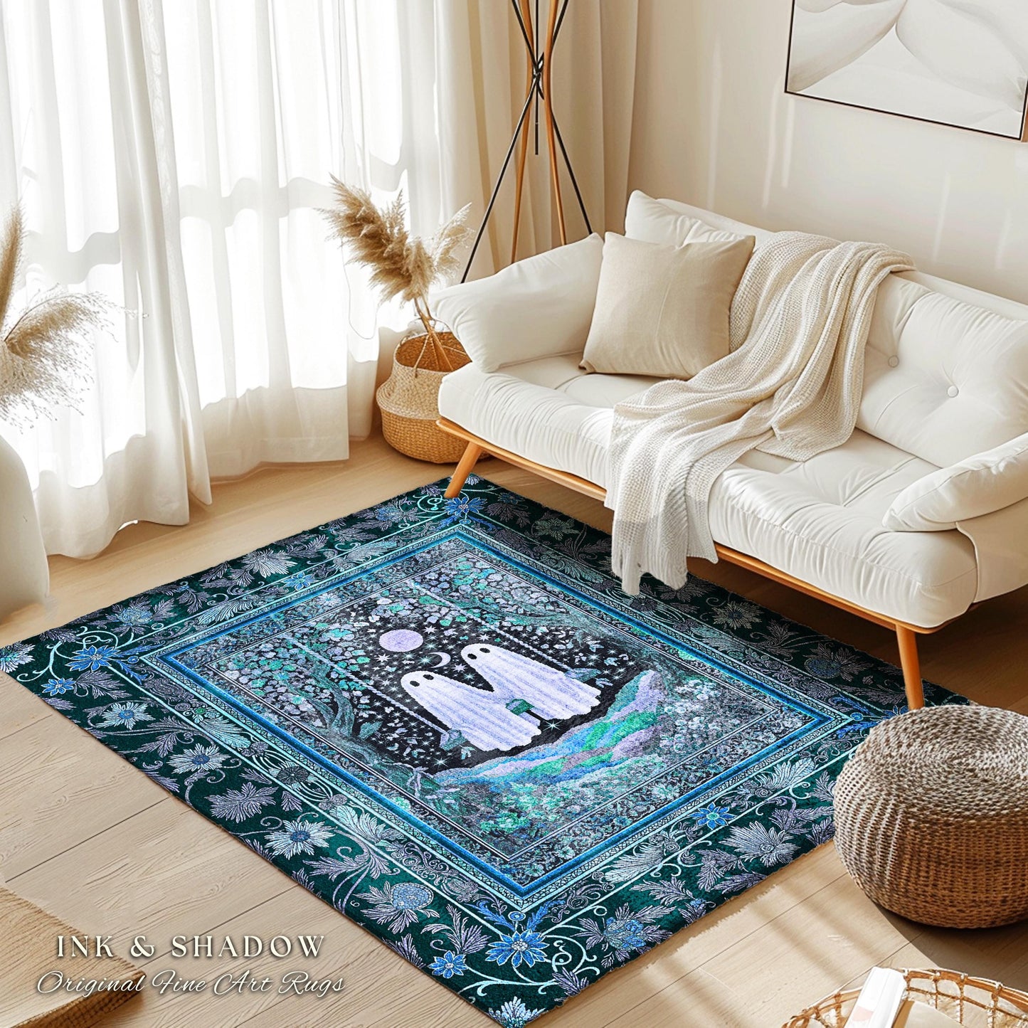 Teal Moonight Witchy Ghost Area Rug | Mystical Forest Bedroom Accent Halloween Decor Folklore-Inspired Floral Gothic Whimsigothic Style Rug